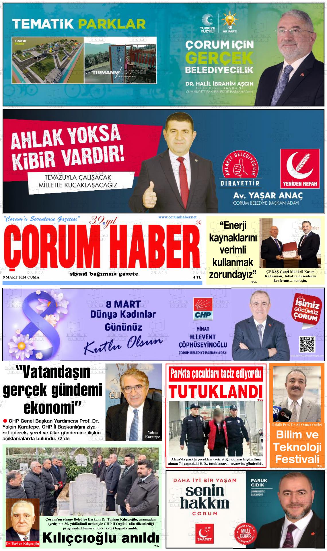 08 Mart 2024 Çorum Haber Gazete Manşeti