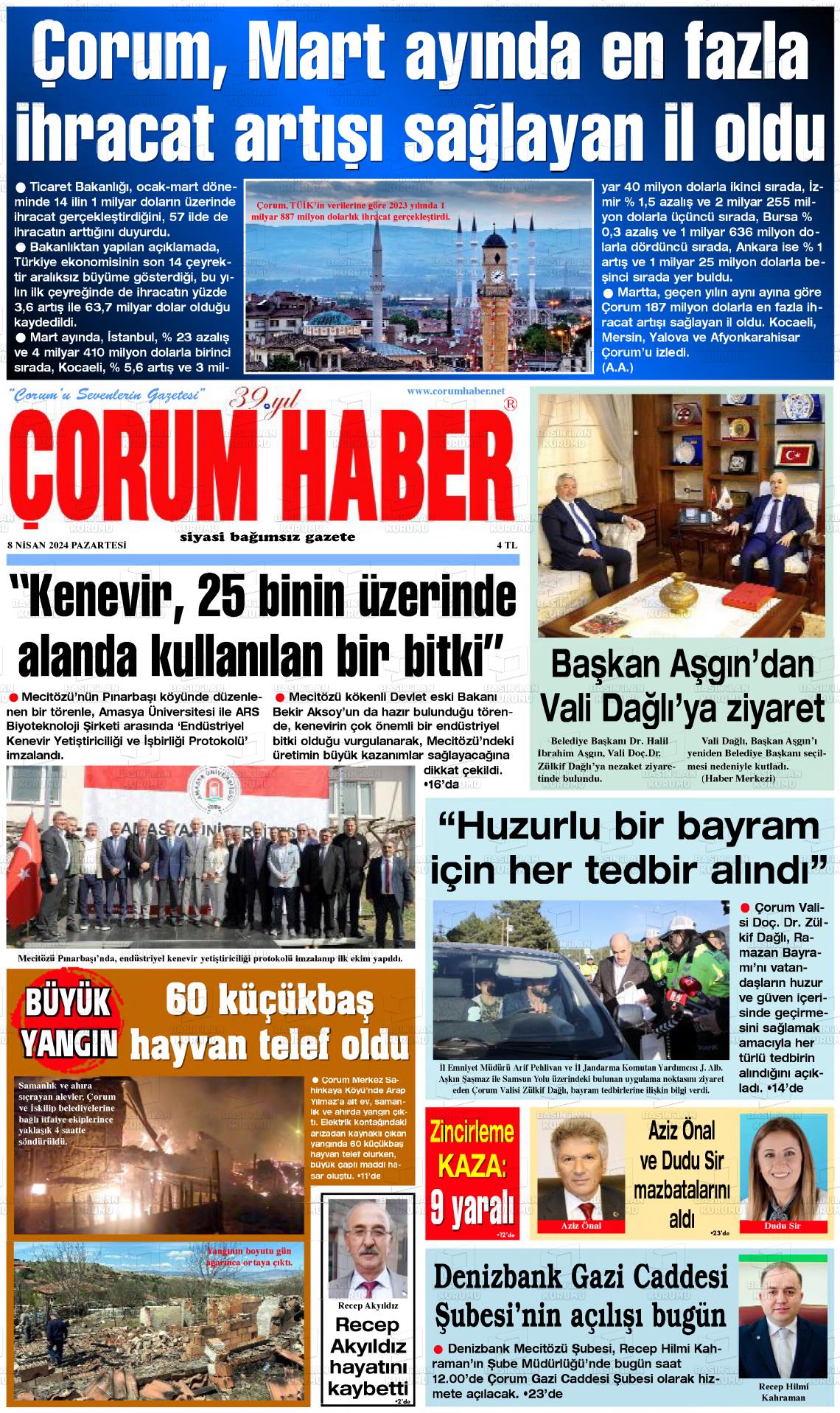 08 Nisan 2024 Çorum Haber Gazete Manşeti