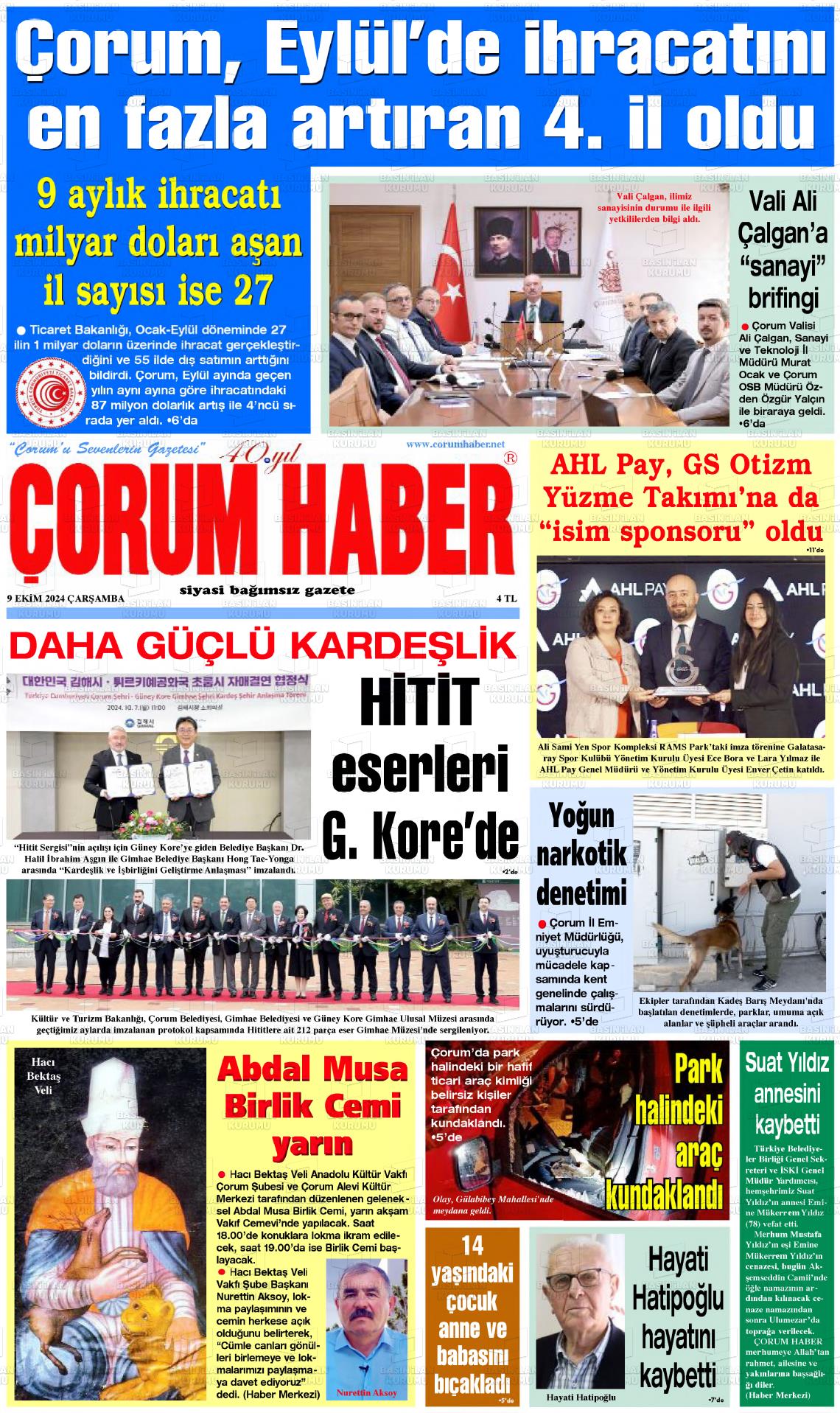 09 Ekim 2024 Çorum Haber Gazete Manşeti