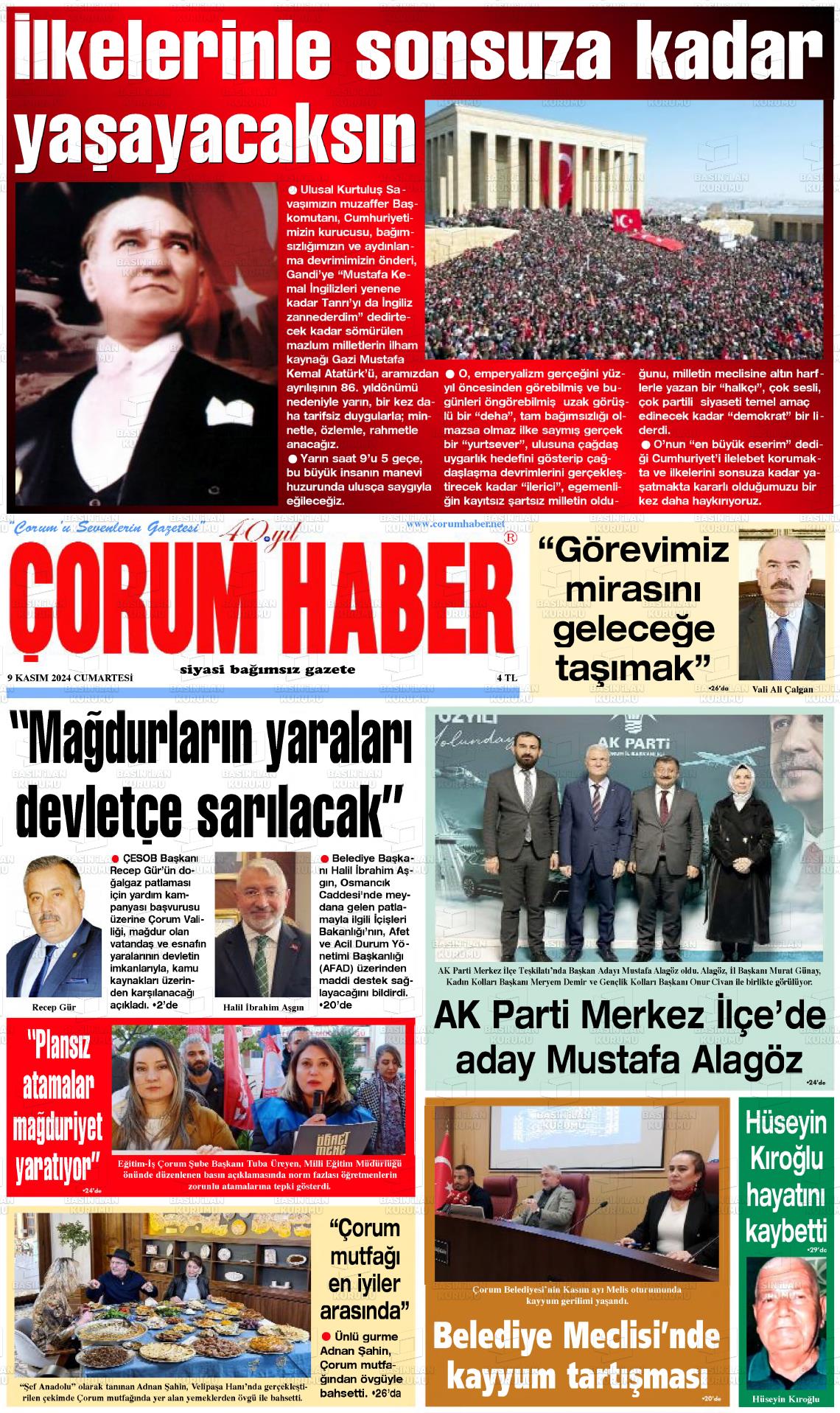 09 Kasım 2024 Çorum Haber Gazete Manşeti