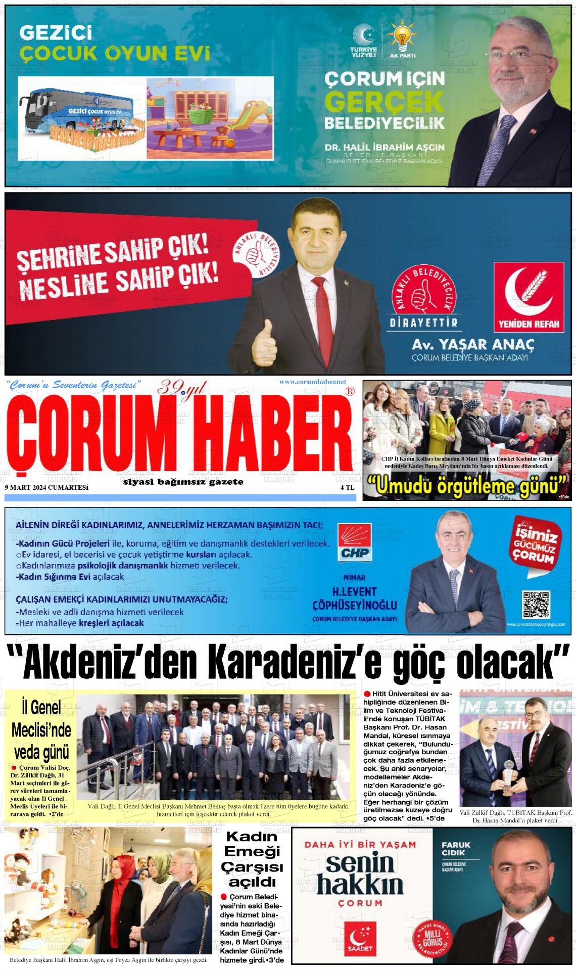 09 Mart 2024 Çorum Haber Gazete Manşeti