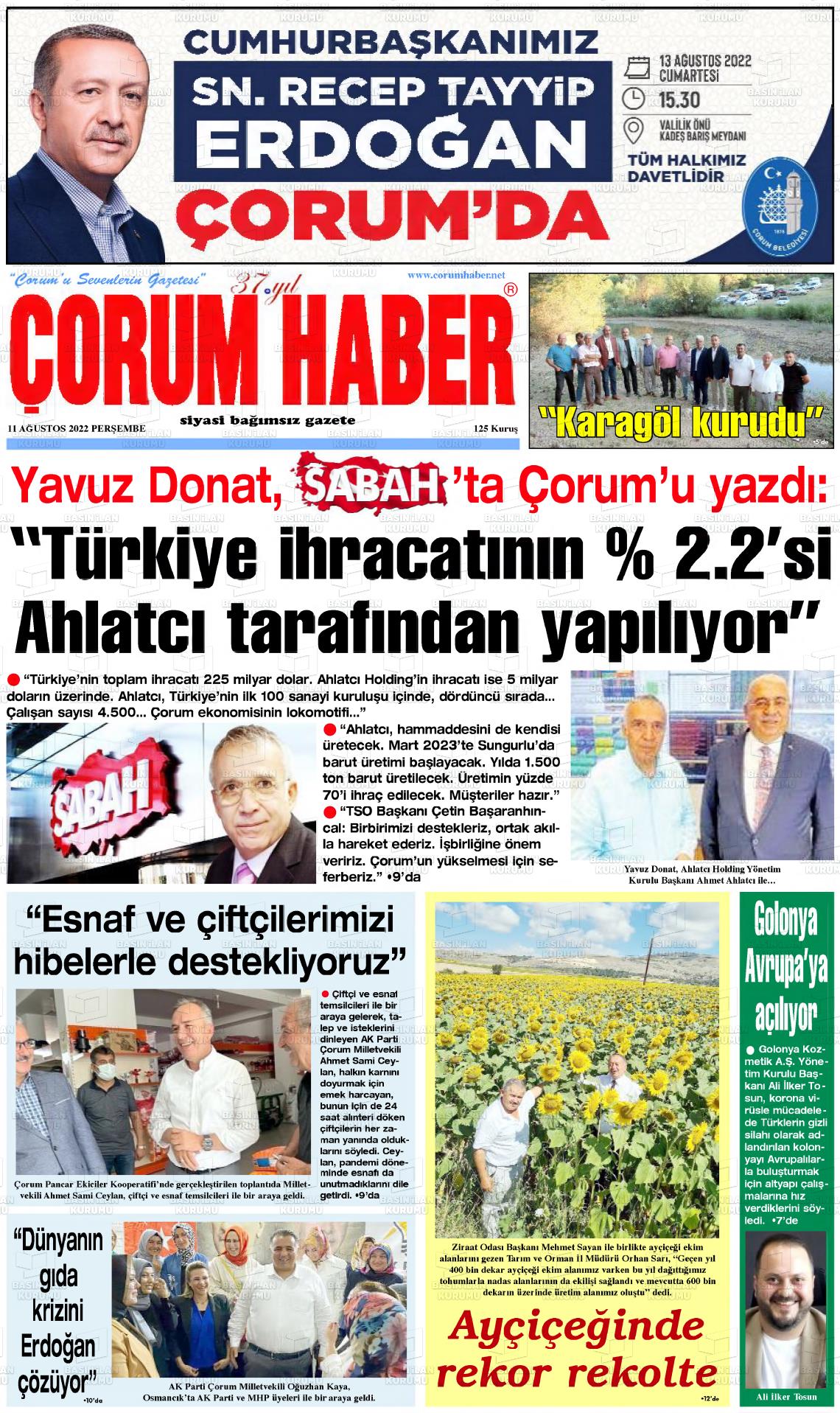 11 Ağustos 2022 Çorum Haber Gazete Manşeti