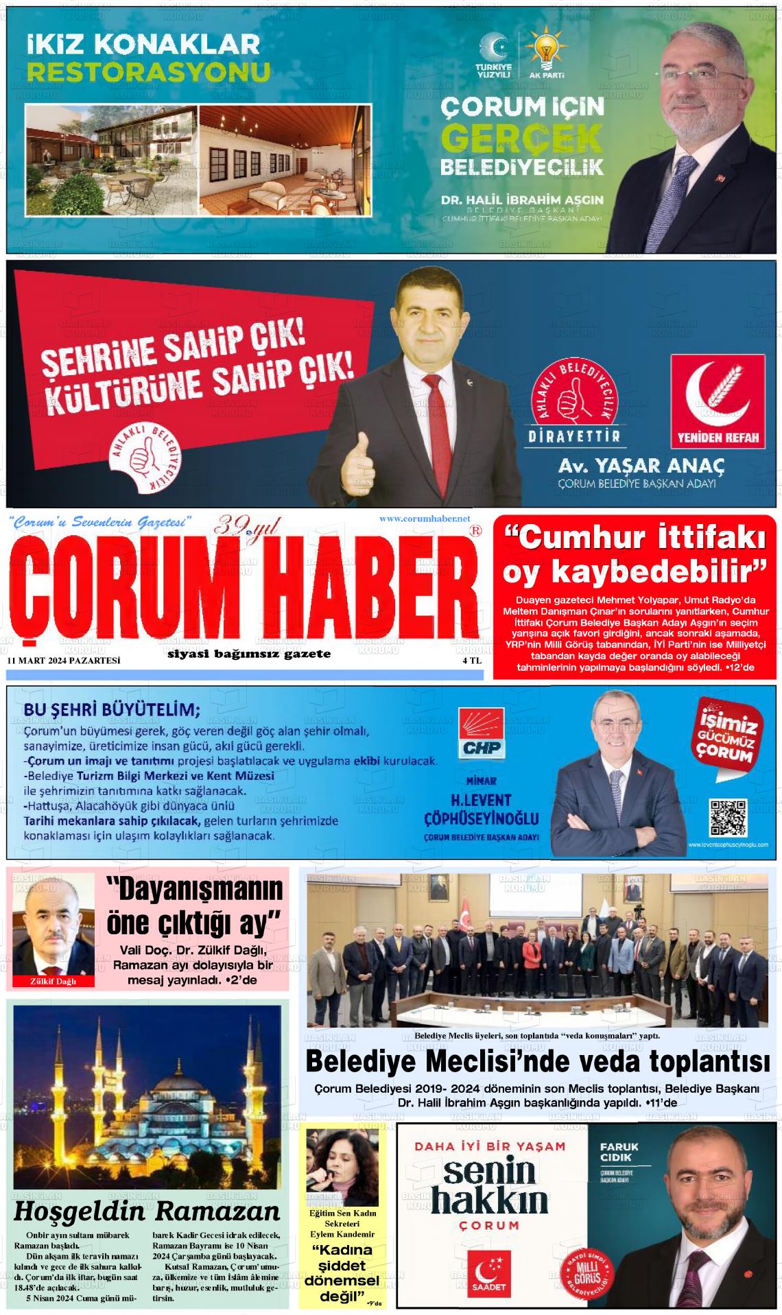 11 Mart 2024 Çorum Haber Gazete Manşeti