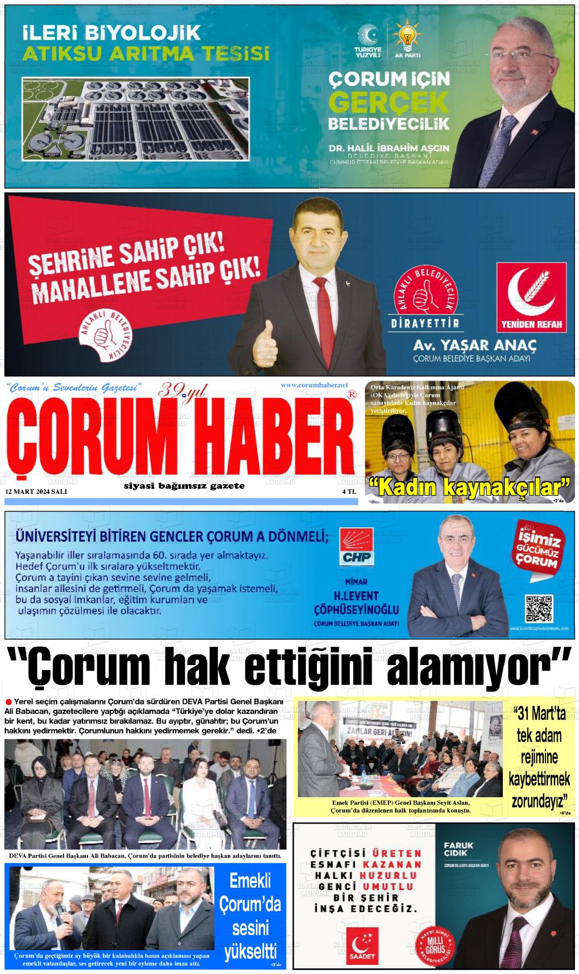 12 Mart 2024 Çorum Haber Gazete Manşeti