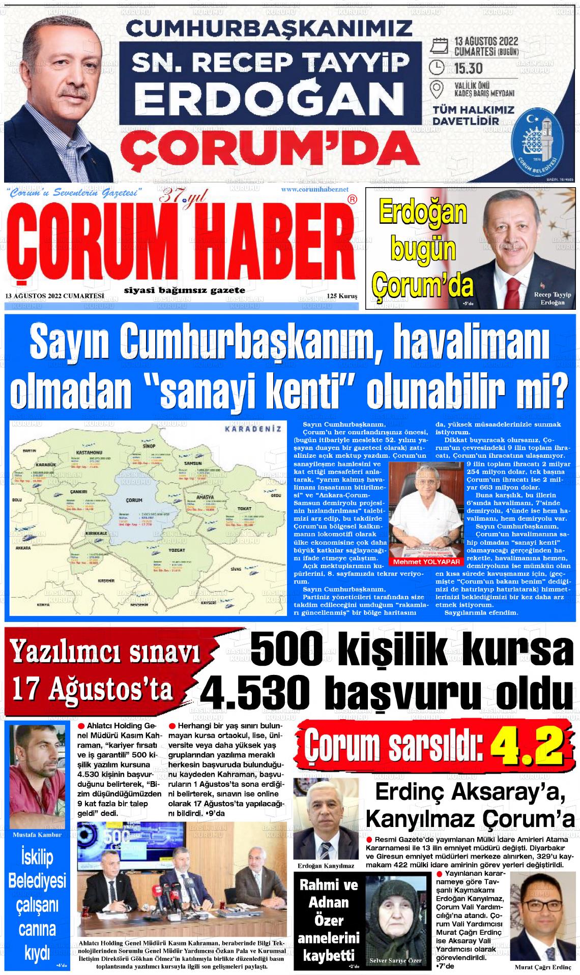 13 Ağustos 2022 Çorum Haber Gazete Manşeti