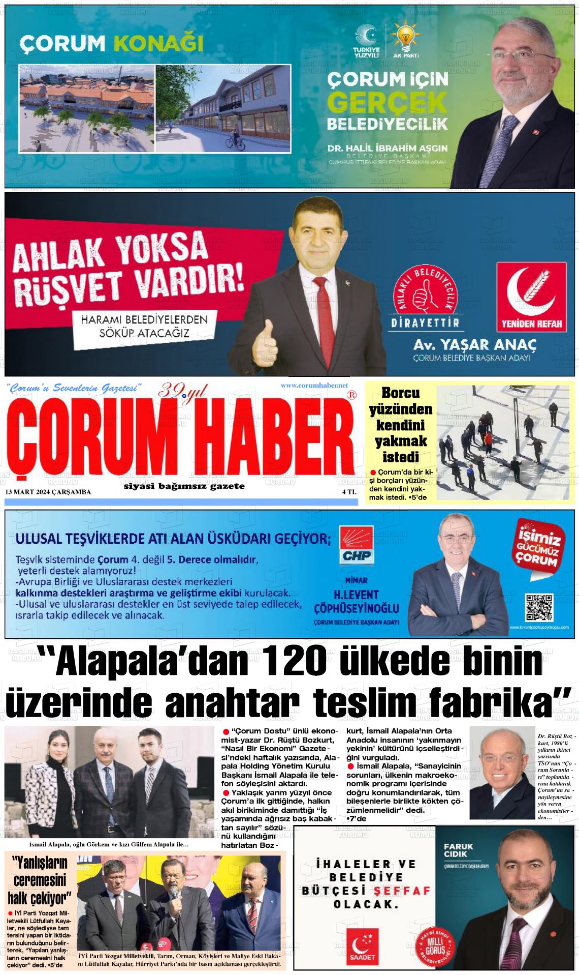 13 Mart 2024 Çorum Haber Gazete Manşeti