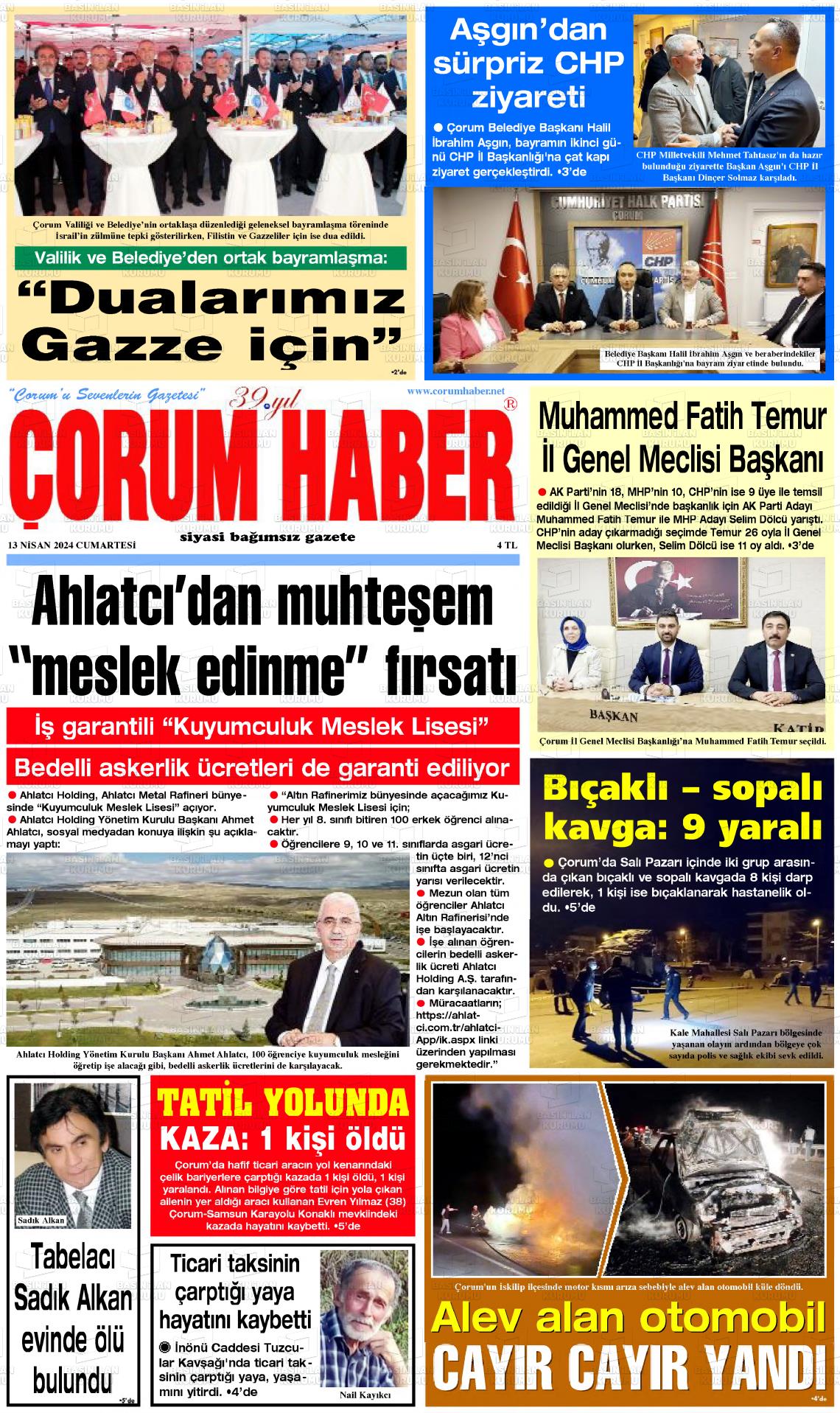 13 Nisan 2024 Çorum Haber Gazete Manşeti