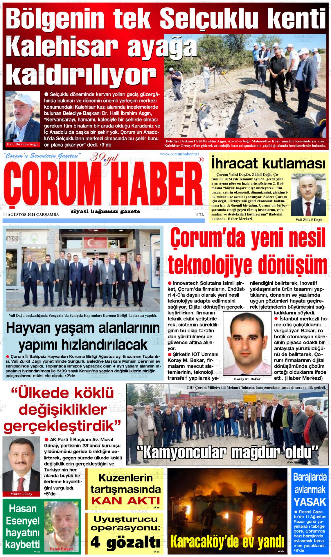 14 Ağustos 2024 Çorum Haber Gazete Manşeti