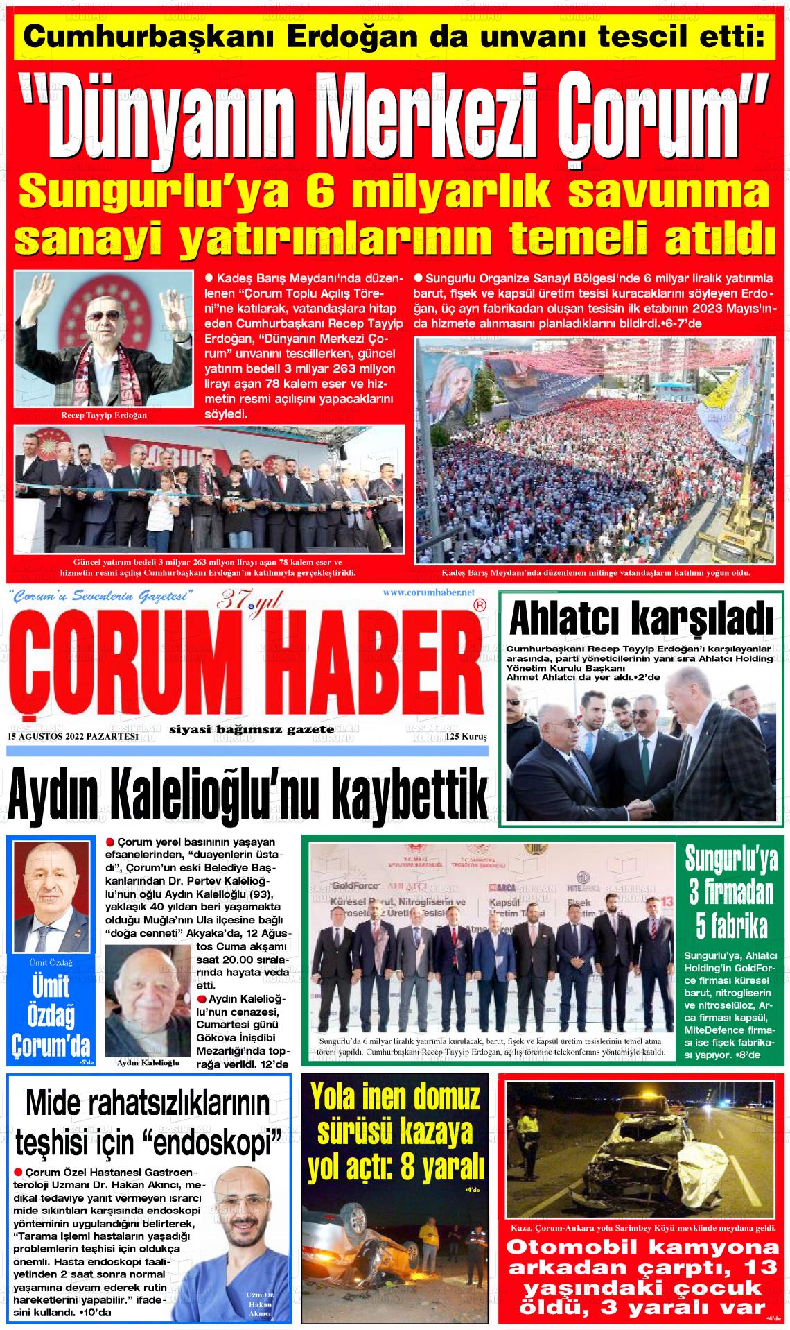 15 Ağustos 2022 Çorum Haber Gazete Manşeti