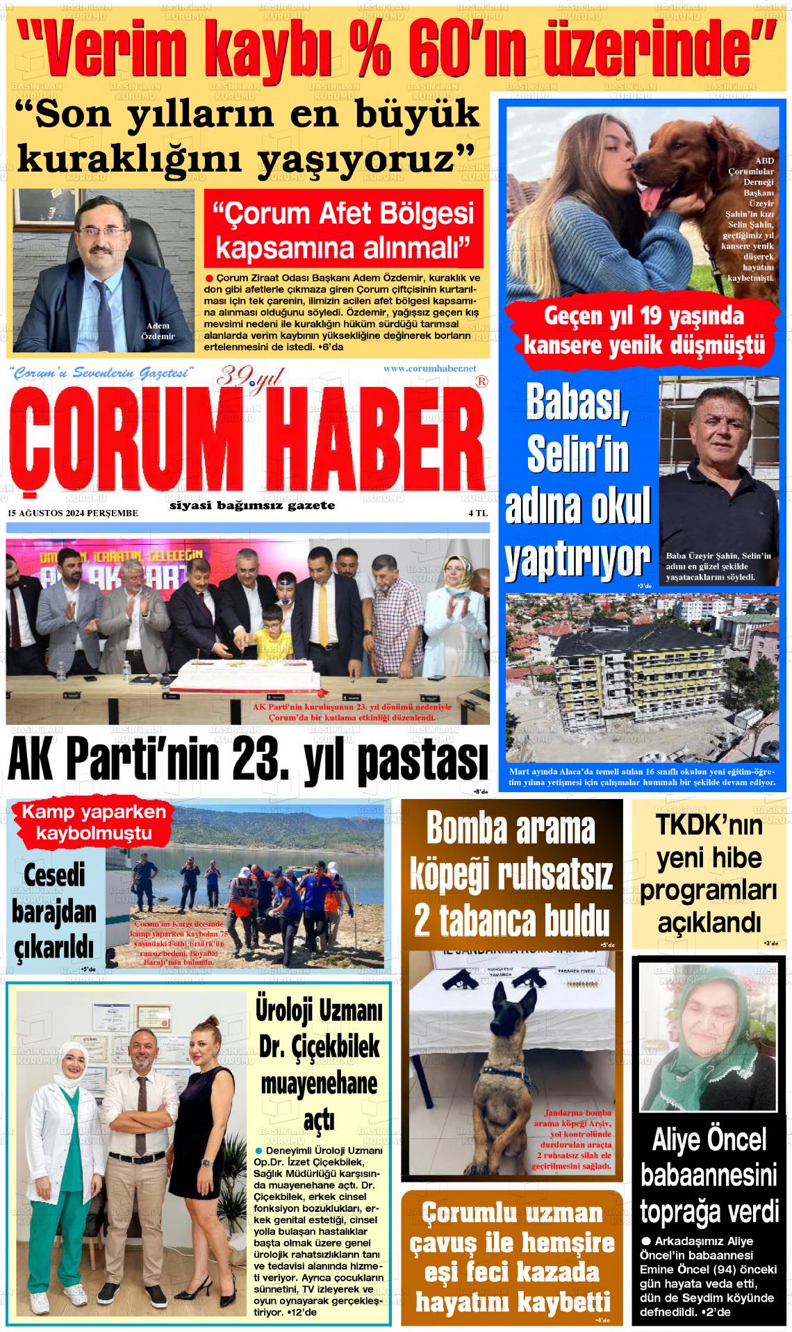 15 Ağustos 2024 Çorum Haber Gazete Manşeti