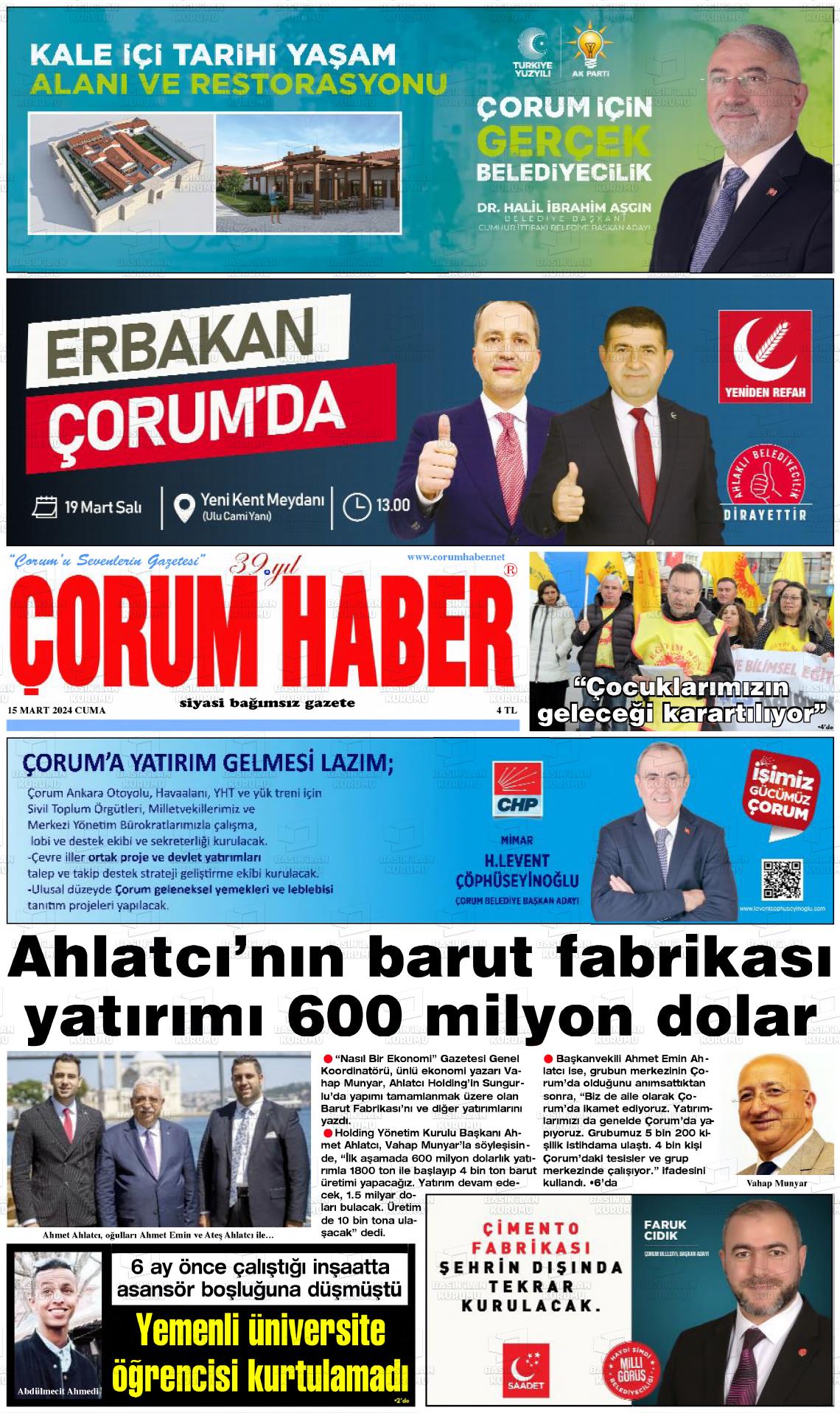 15 Mart 2024 Çorum Haber Gazete Manşeti