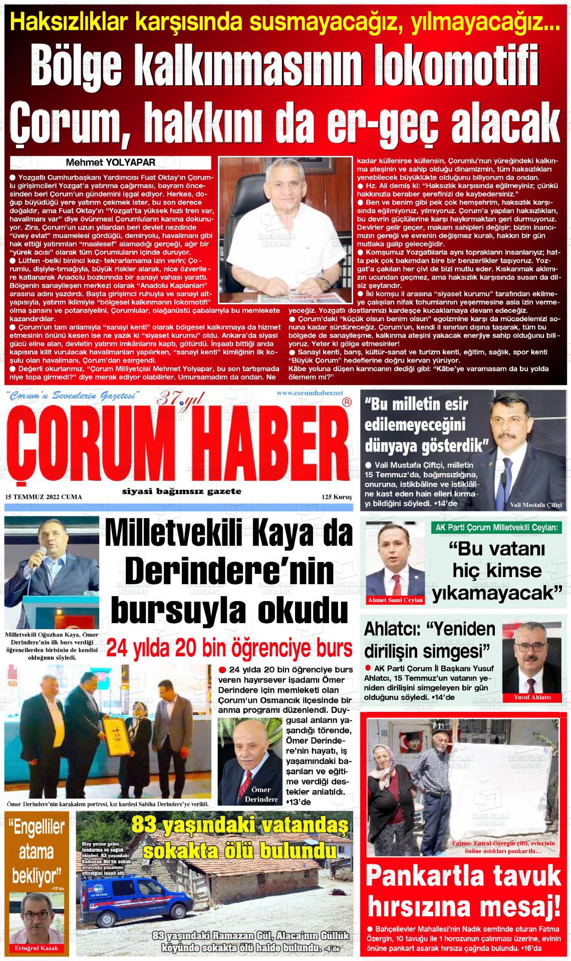 15 Temmuz 2022 Çorum Haber Gazete Manşeti