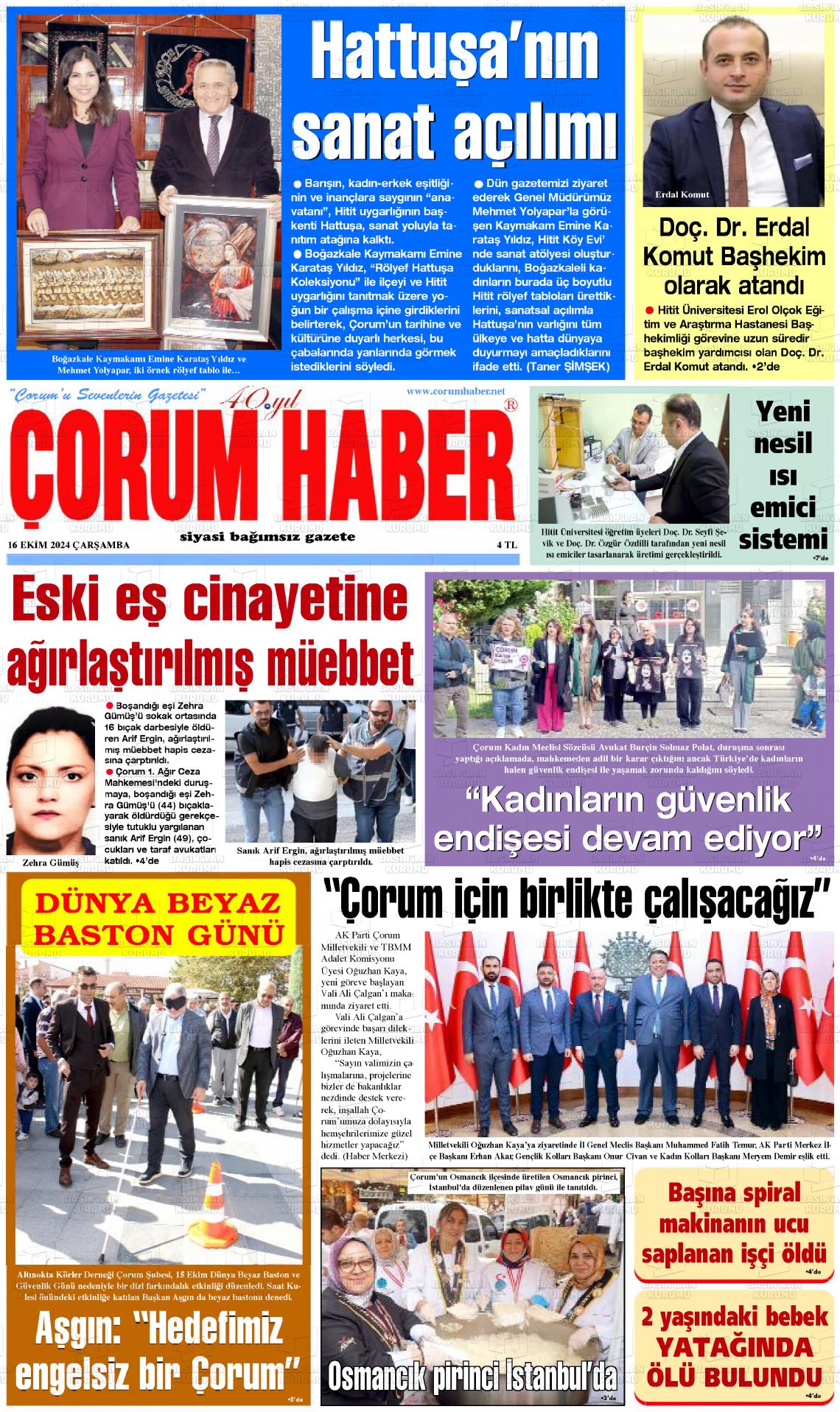 16 Ekim 2024 Çorum Haber Gazete Manşeti