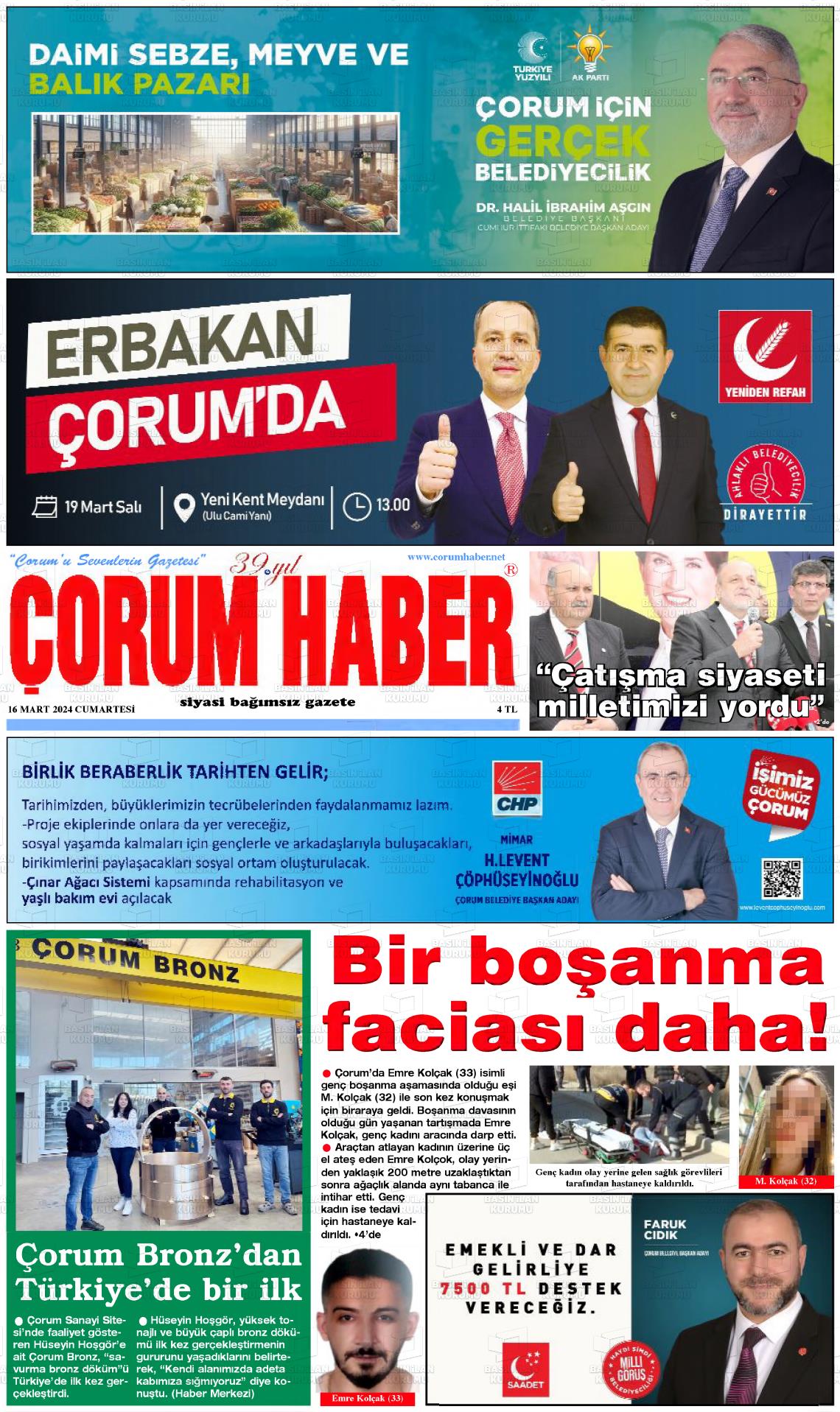 16 Mart 2024 Çorum Haber Gazete Manşeti