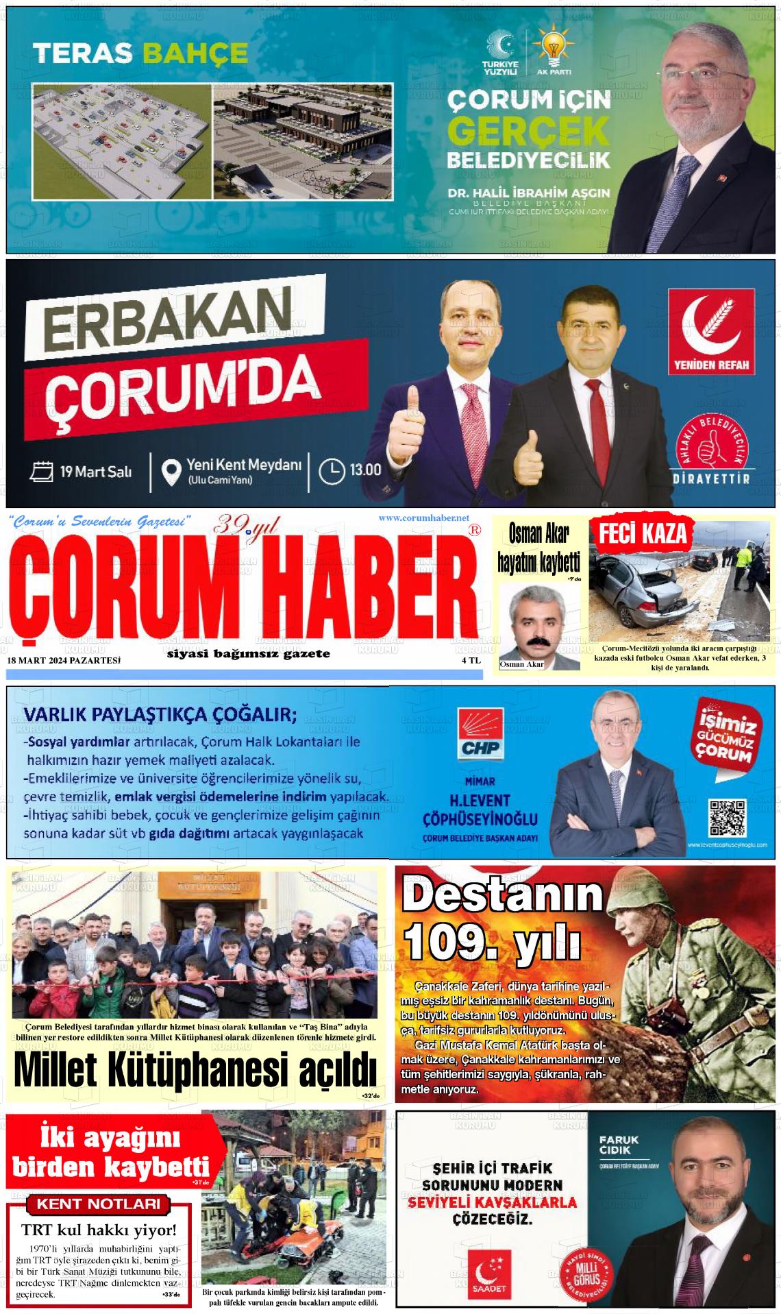 18 Mart 2024 Çorum Haber Gazete Manşeti