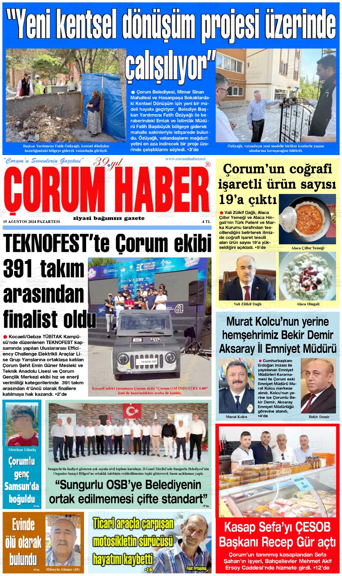 19 Ağustos 2024 Çorum Haber Gazete Manşeti