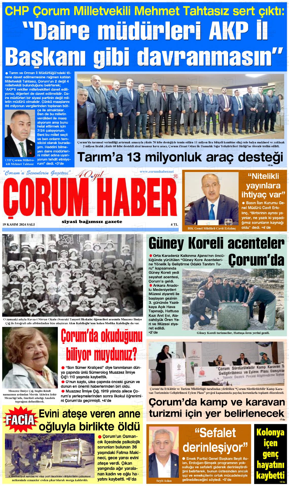 19 Kasım 2024 Çorum Haber Gazete Manşeti