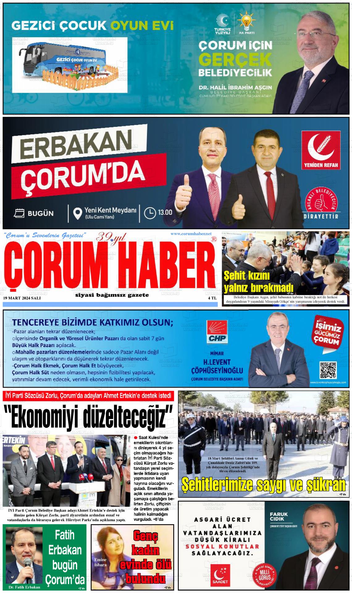 19 Mart 2024 Çorum Haber Gazete Manşeti