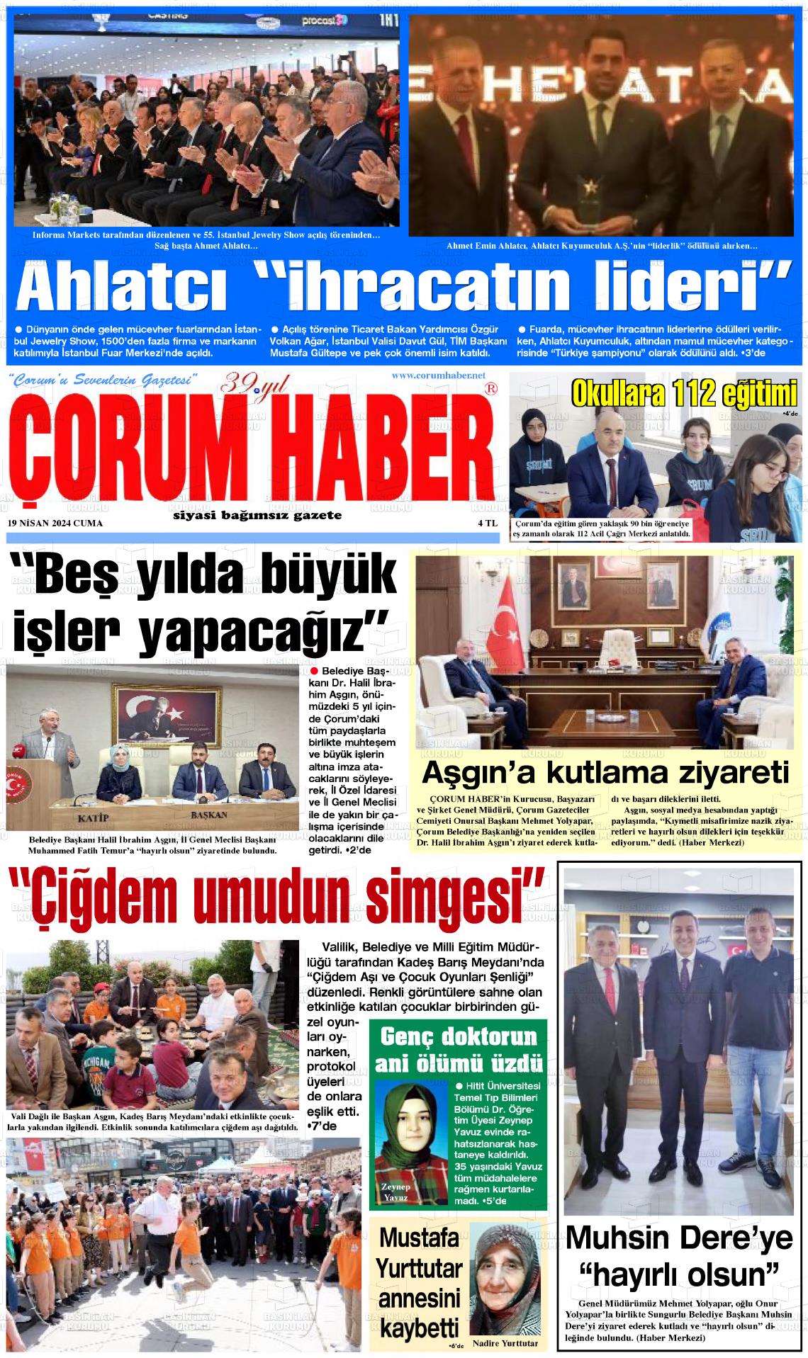 19 Nisan 2024 Çorum Haber Gazete Manşeti