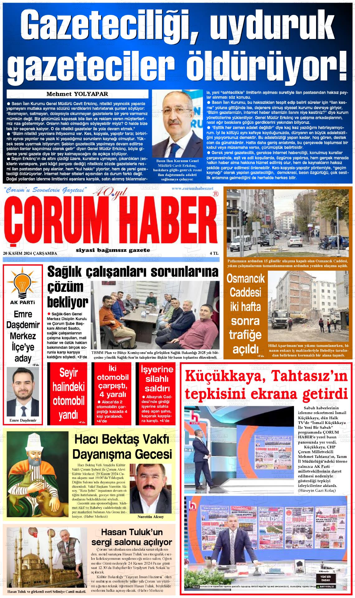 20 Kasım 2024 Çorum Haber Gazete Manşeti