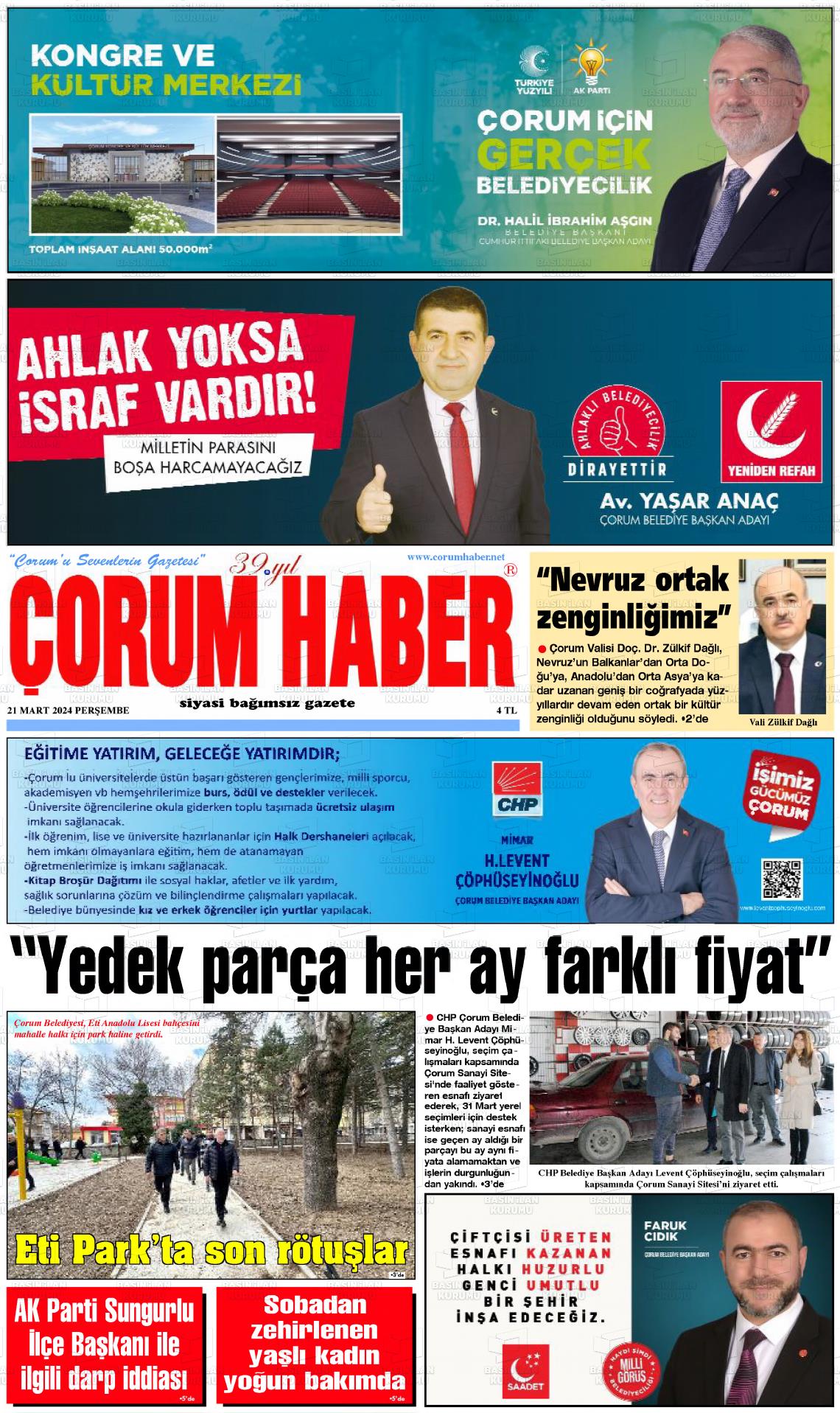 21 Mart 2024 Çorum Haber Gazete Manşeti