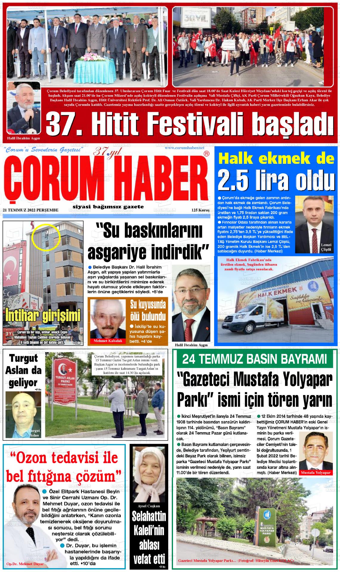 21 Temmuz 2022 Çorum Haber Gazete Manşeti