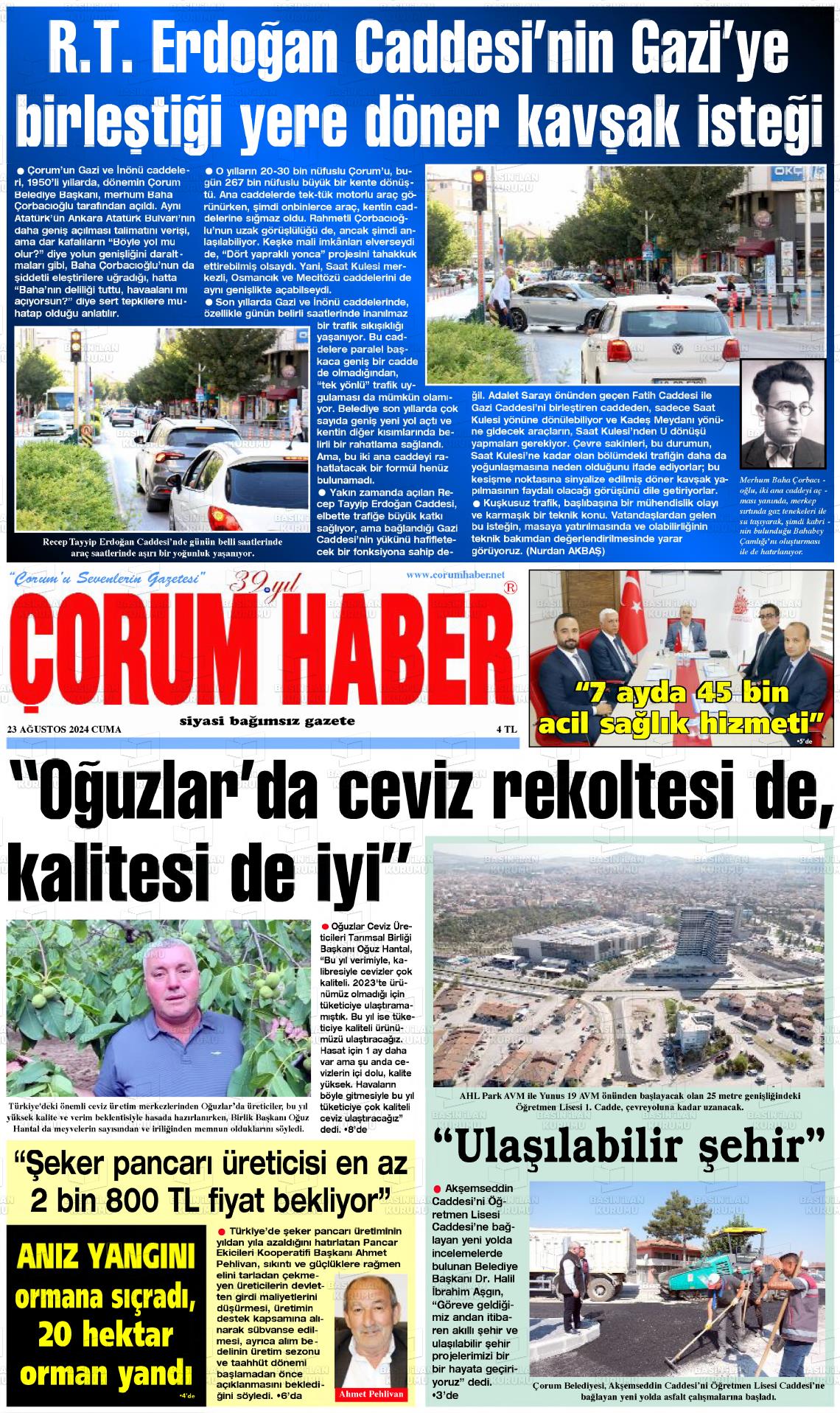 23 Ağustos 2024 Çorum Haber Gazete Manşeti