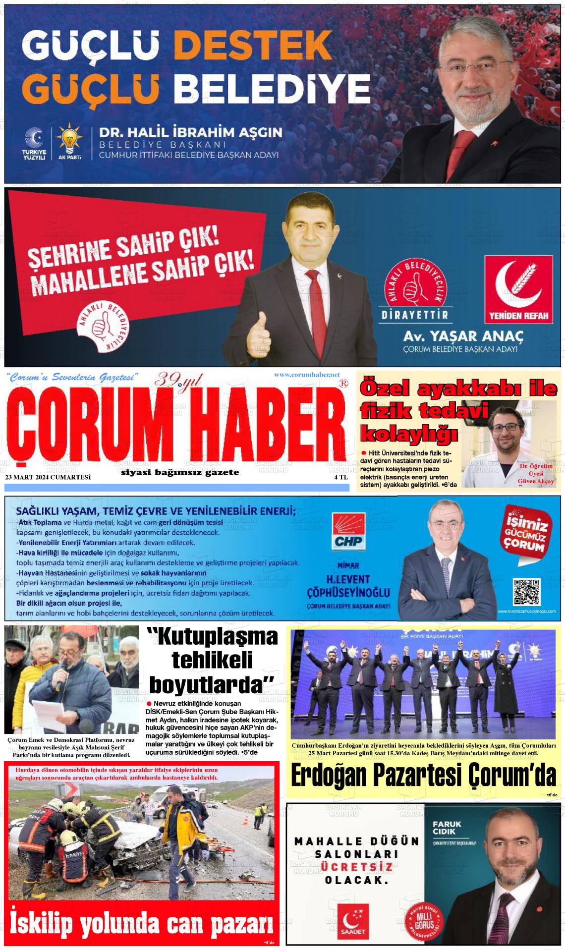 23 Mart 2024 Çorum Haber Gazete Manşeti