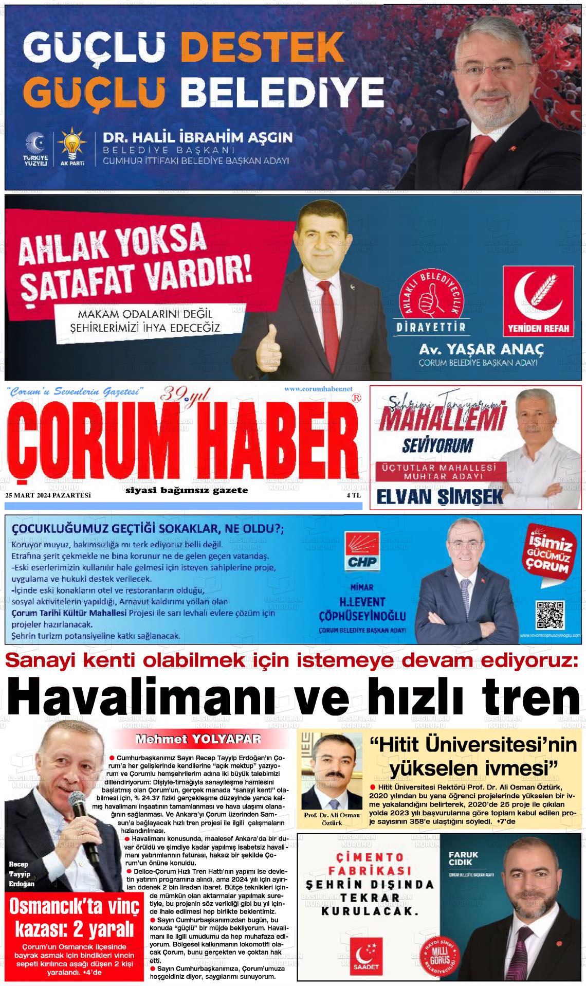 25 Mart 2024 Çorum Haber Gazete Manşeti