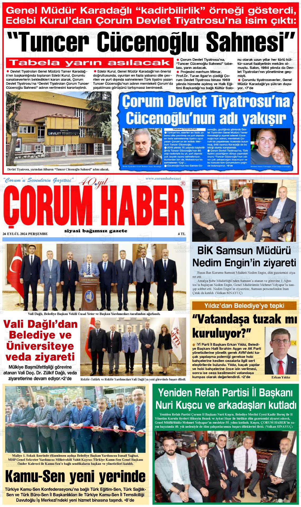 26 Eylül 2024 Çorum Haber Gazete Manşeti