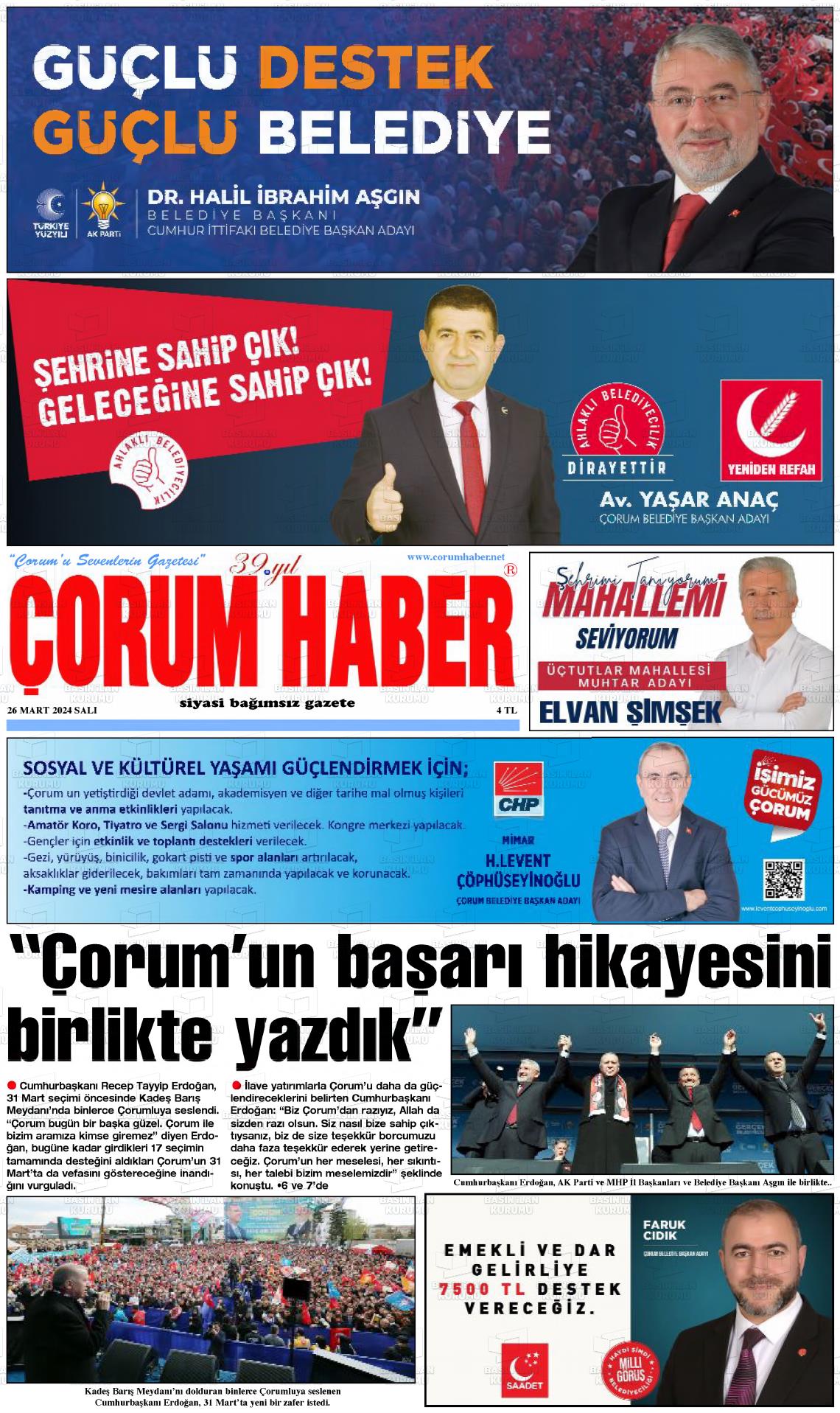 26 Mart 2024 Çorum Haber Gazete Manşeti