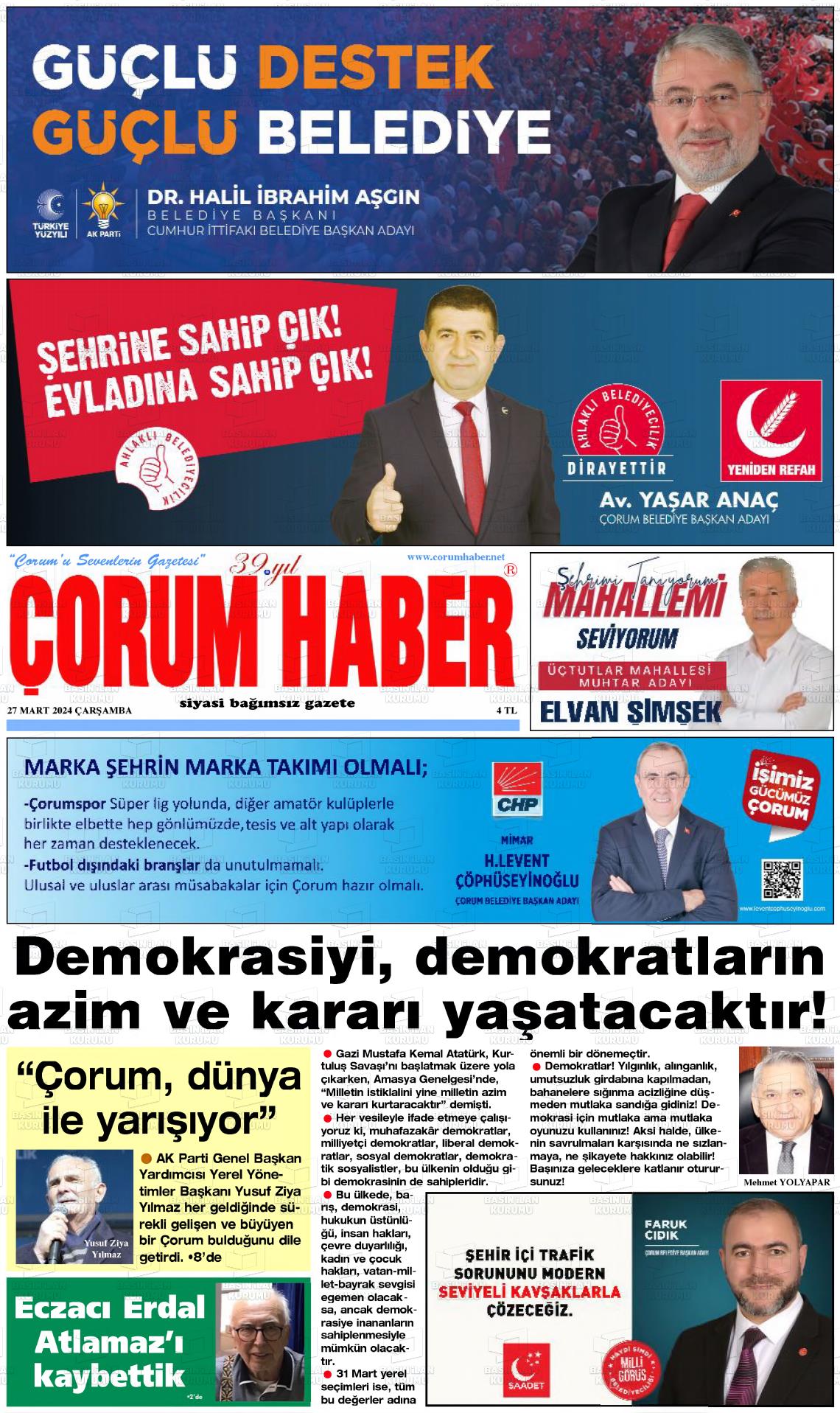 27 Mart 2024 Çorum Haber Gazete Manşeti