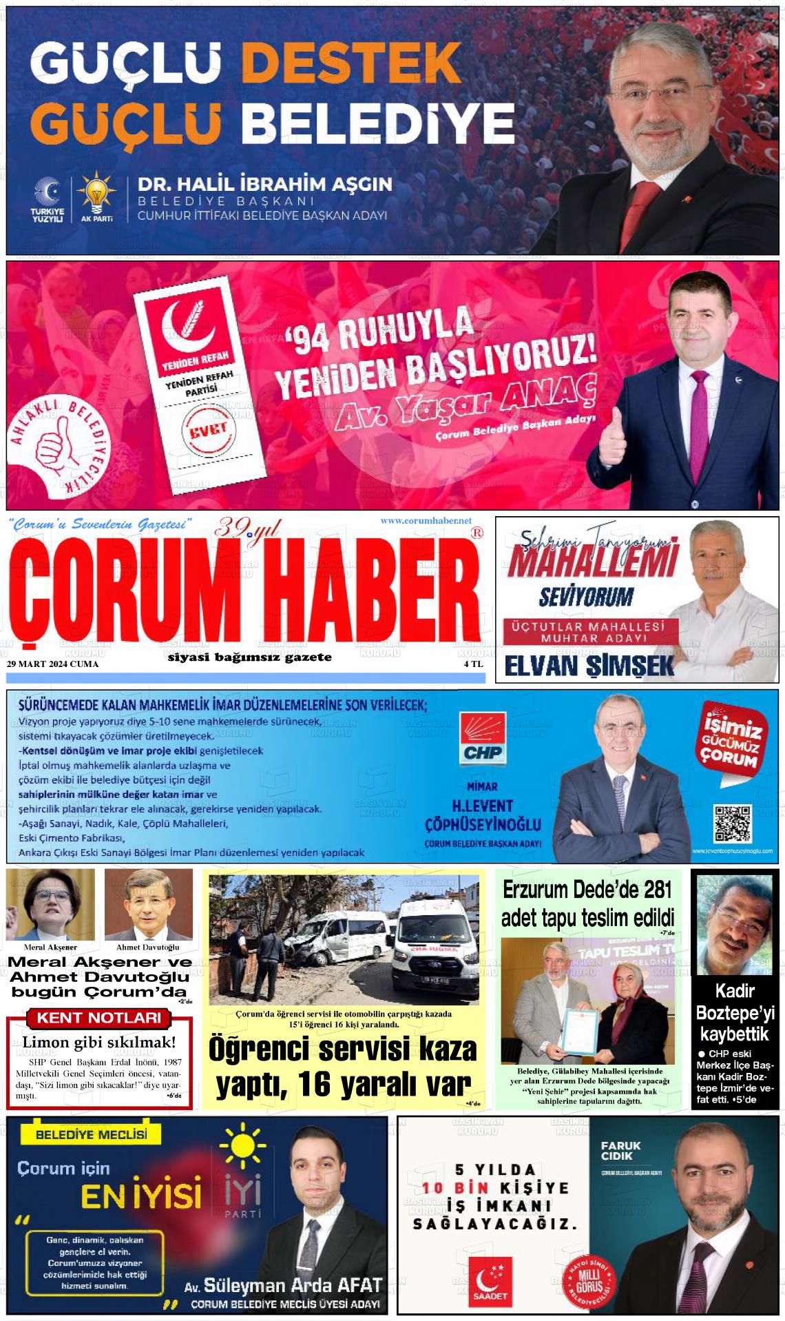 29 Mart 2024 Çorum Haber Gazete Manşeti