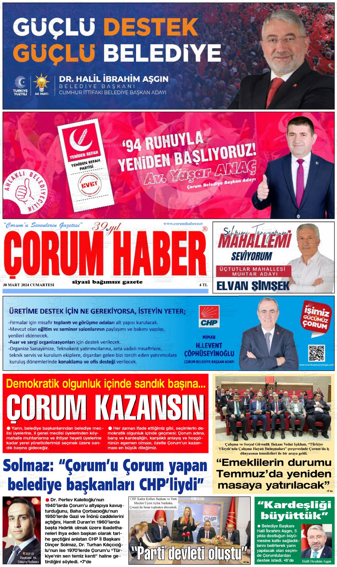 30 Mart 2024 Çorum Haber Gazete Manşeti