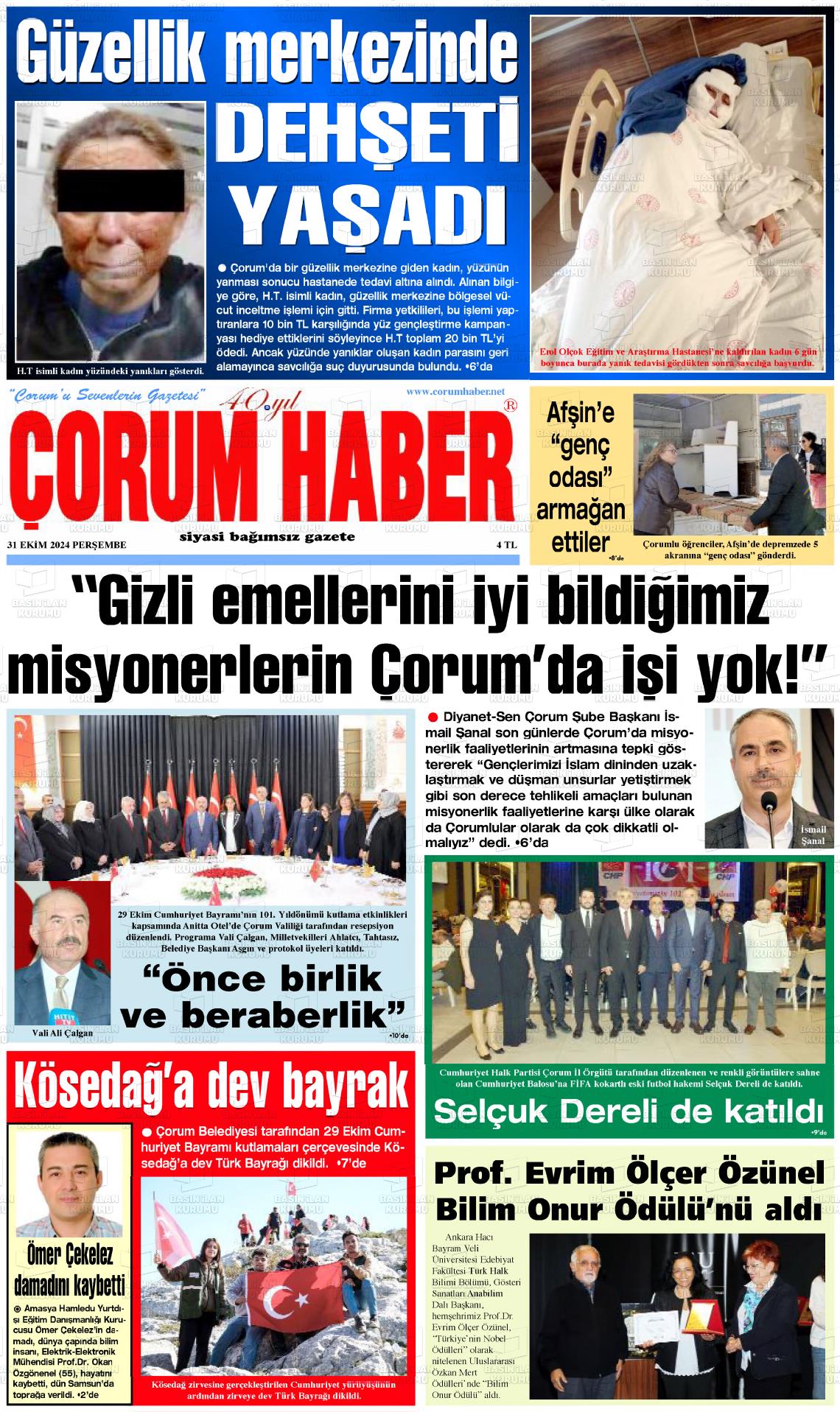 31 Ekim 2024 Çorum Haber Gazete Manşeti