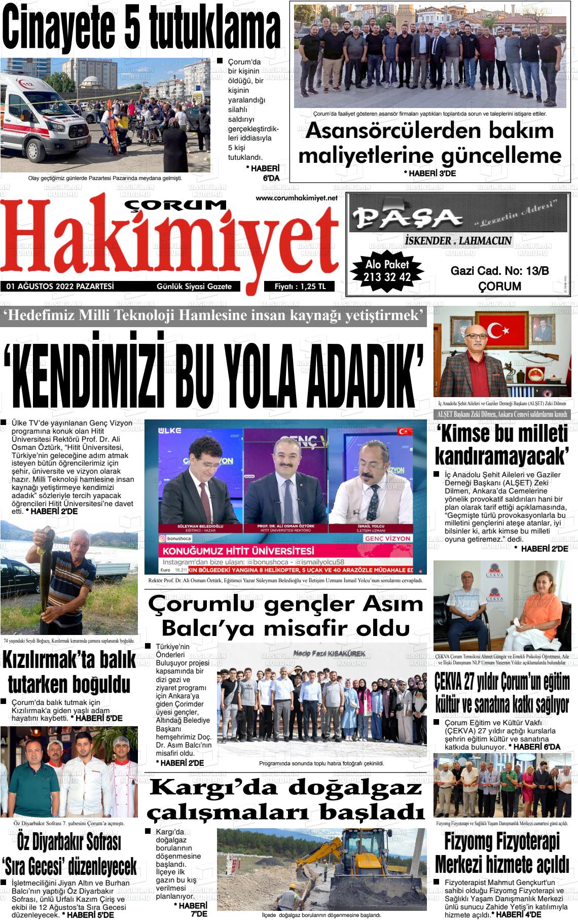 01 Ağustos 2022 Çorum Hakimiyet Gazete Manşeti