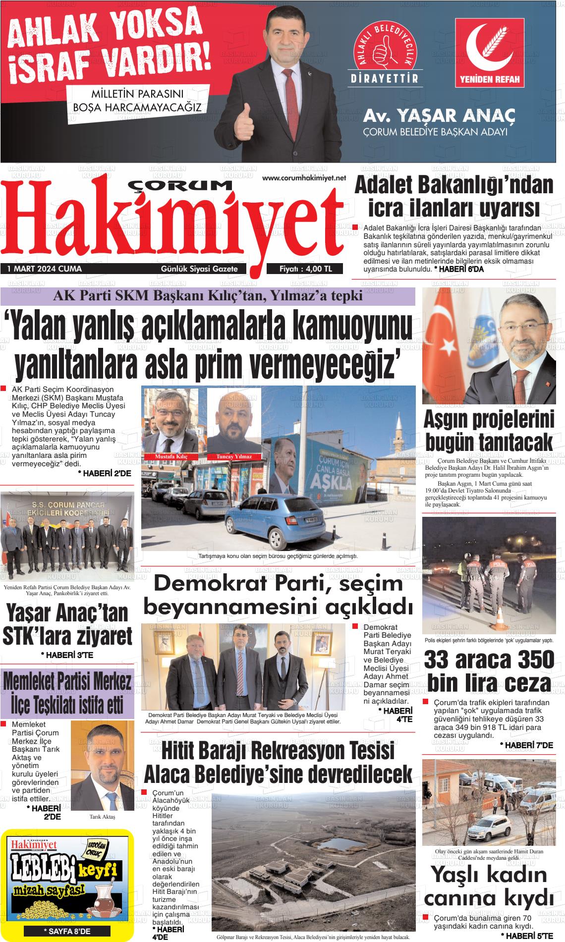 01 Mart 2024 Çorum Hakimiyet Gazete Manşeti