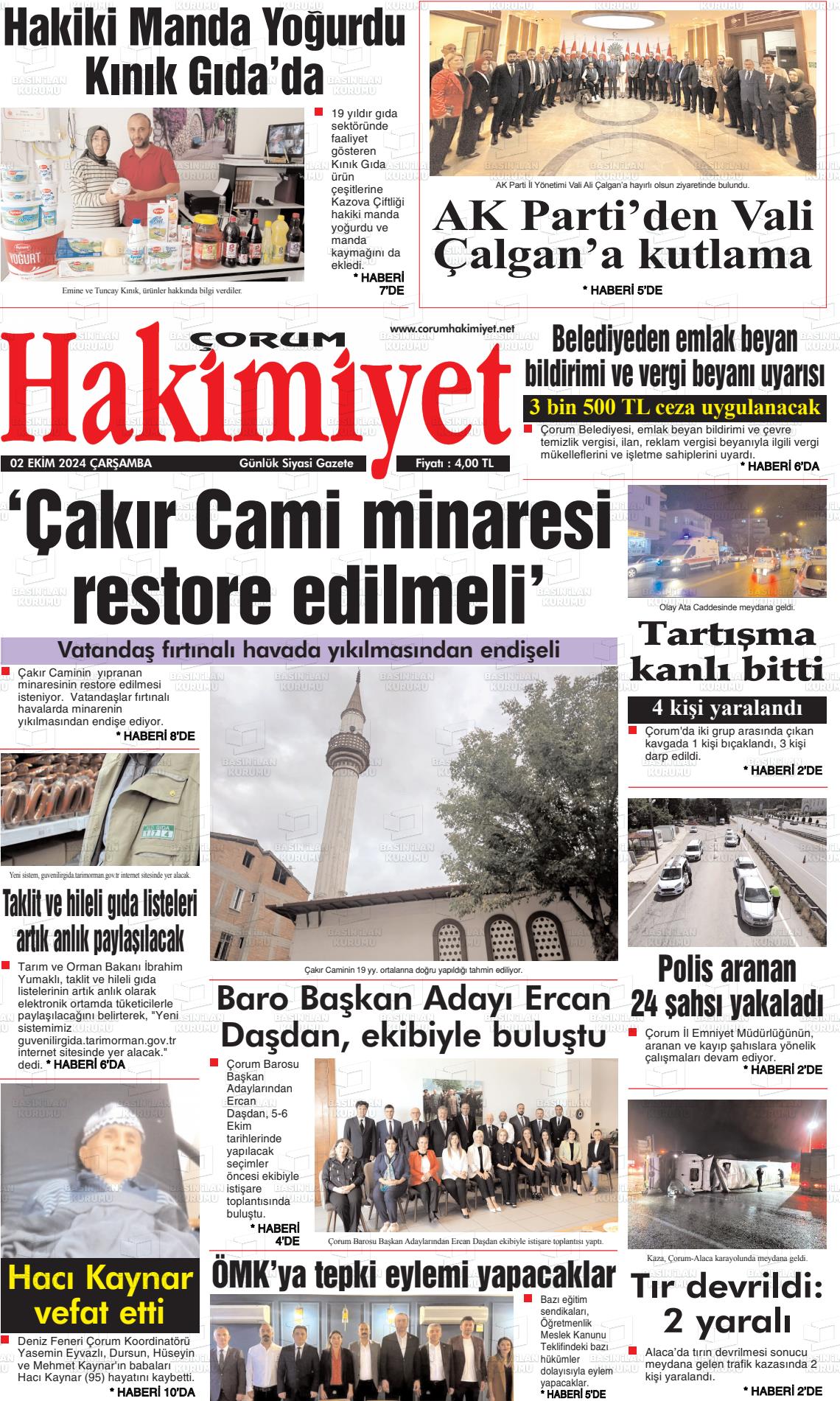 02 Ekim 2024 Çorum Hakimiyet Gazete Manşeti