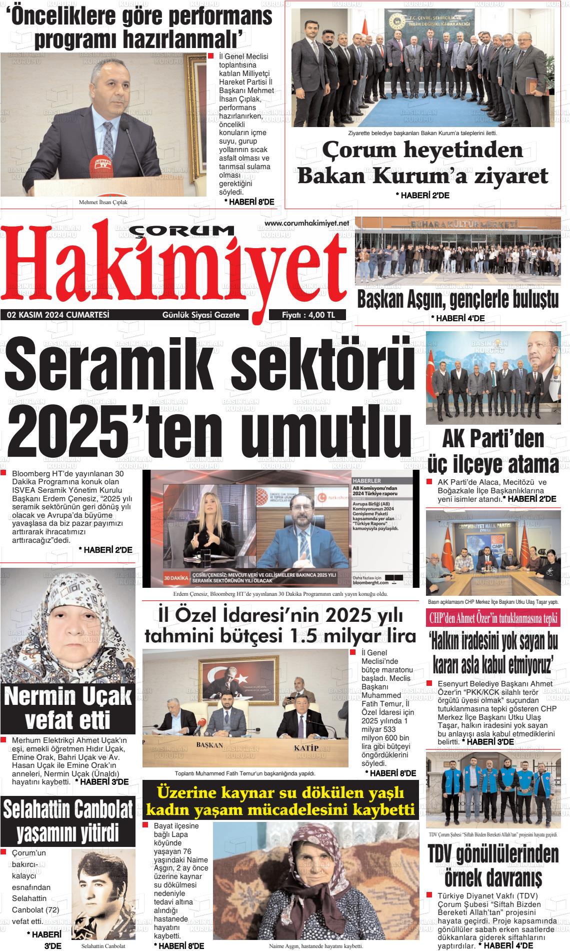 02 Kasım 2024 Çorum Hakimiyet Gazete Manşeti