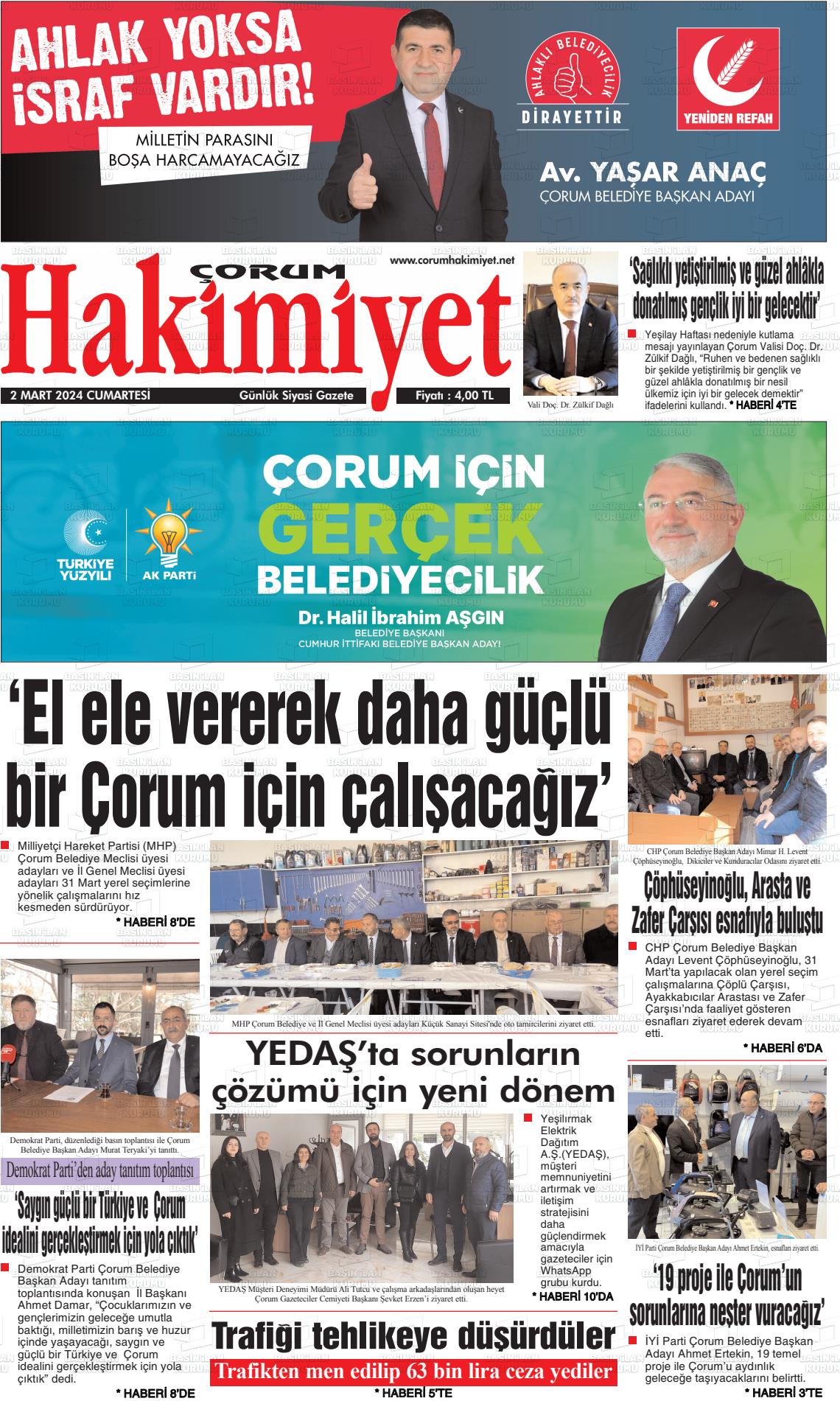 02 Mart 2024 Çorum Hakimiyet Gazete Manşeti