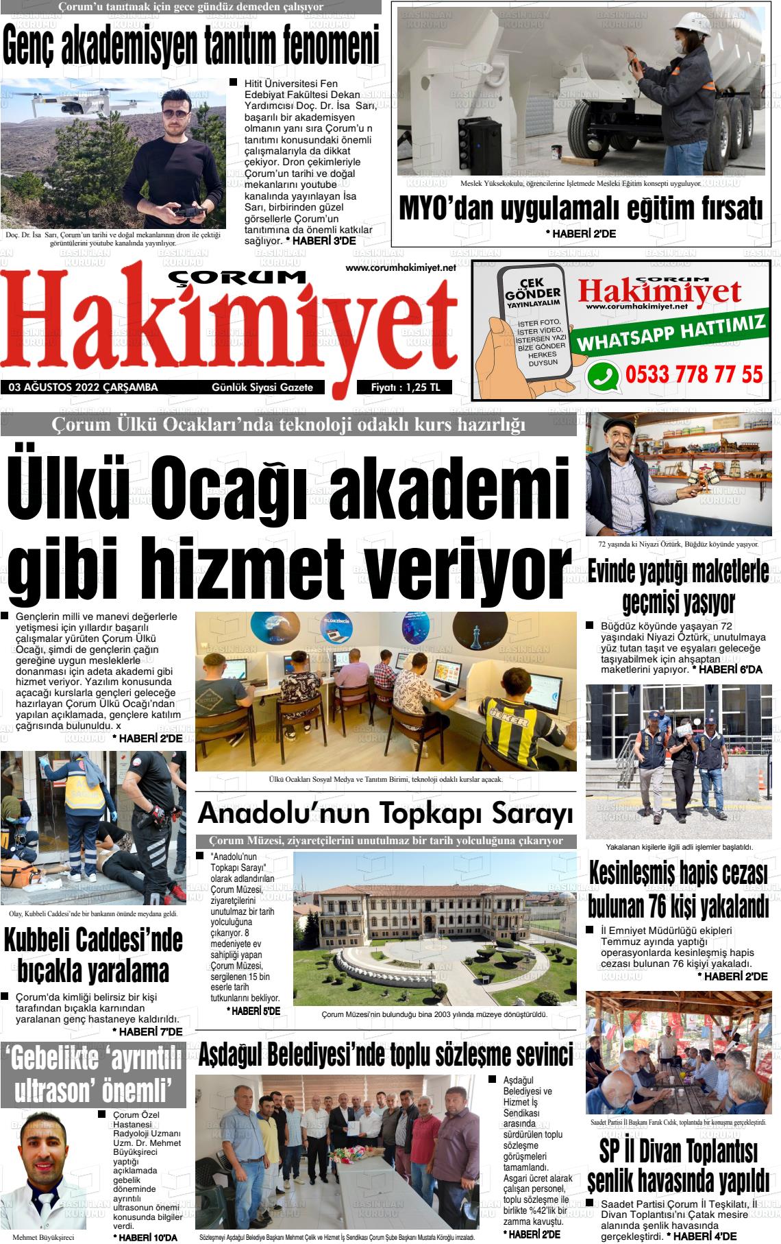 03 Ağustos 2022 Çorum Hakimiyet Gazete Manşeti