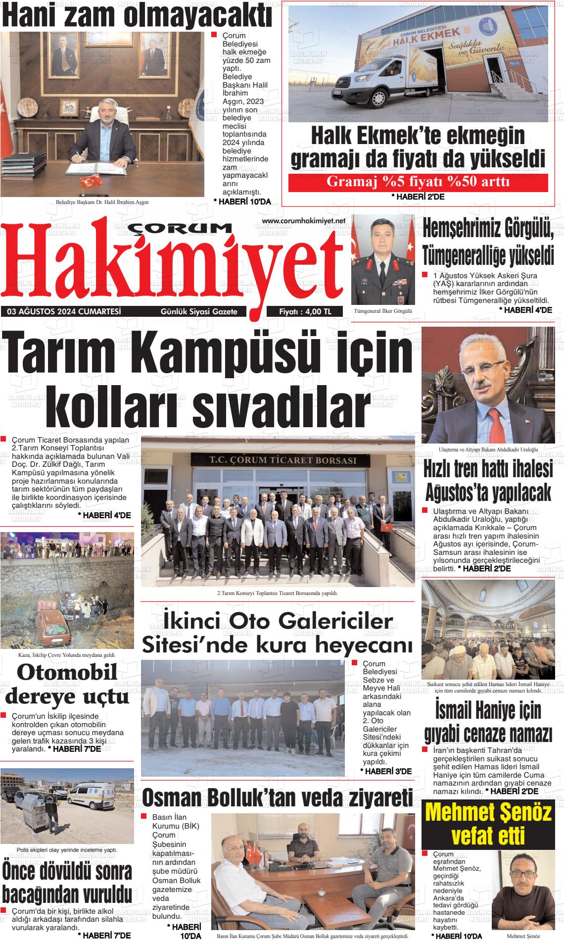 03 Ağustos 2024 Çorum Hakimiyet Gazete Manşeti