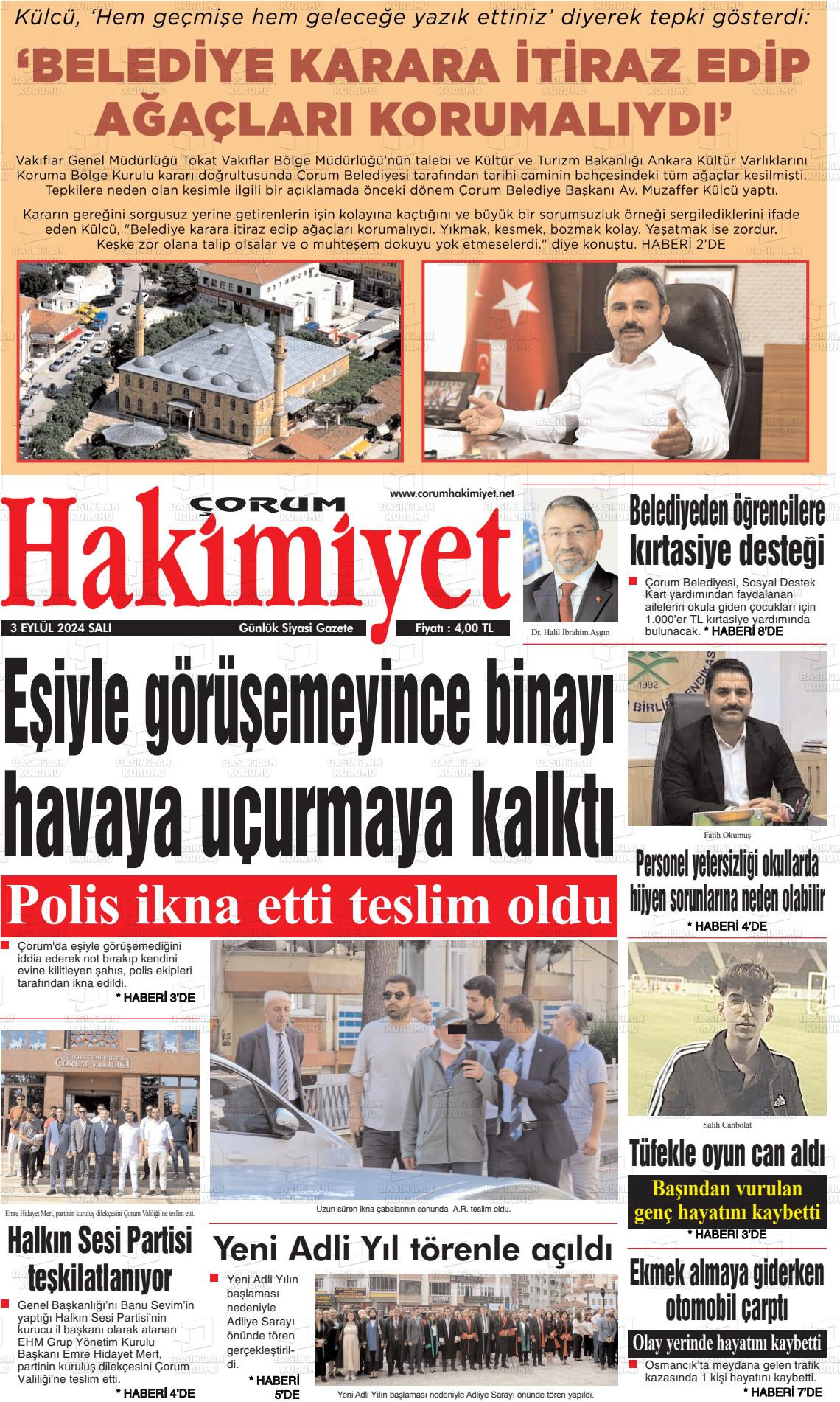 03 Eylül 2024 Çorum Hakimiyet Gazete Manşeti