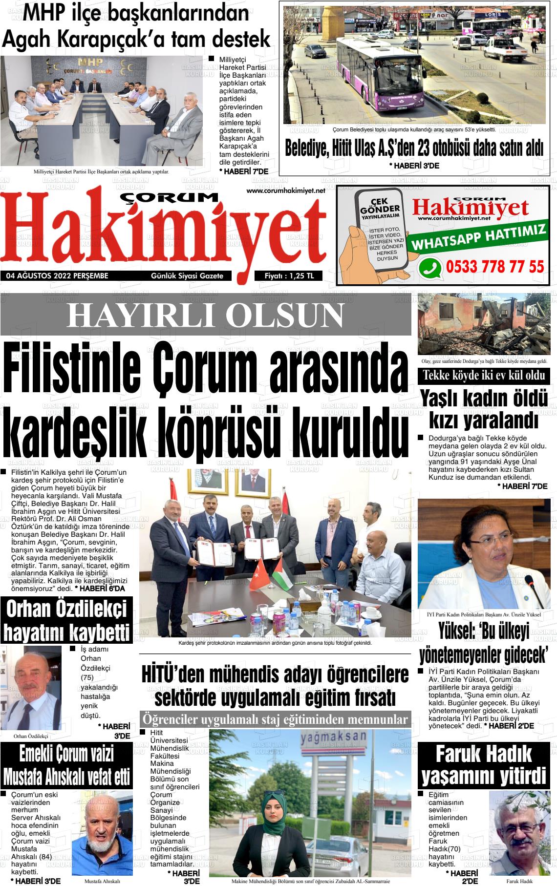 04 Ağustos 2022 Çorum Hakimiyet Gazete Manşeti