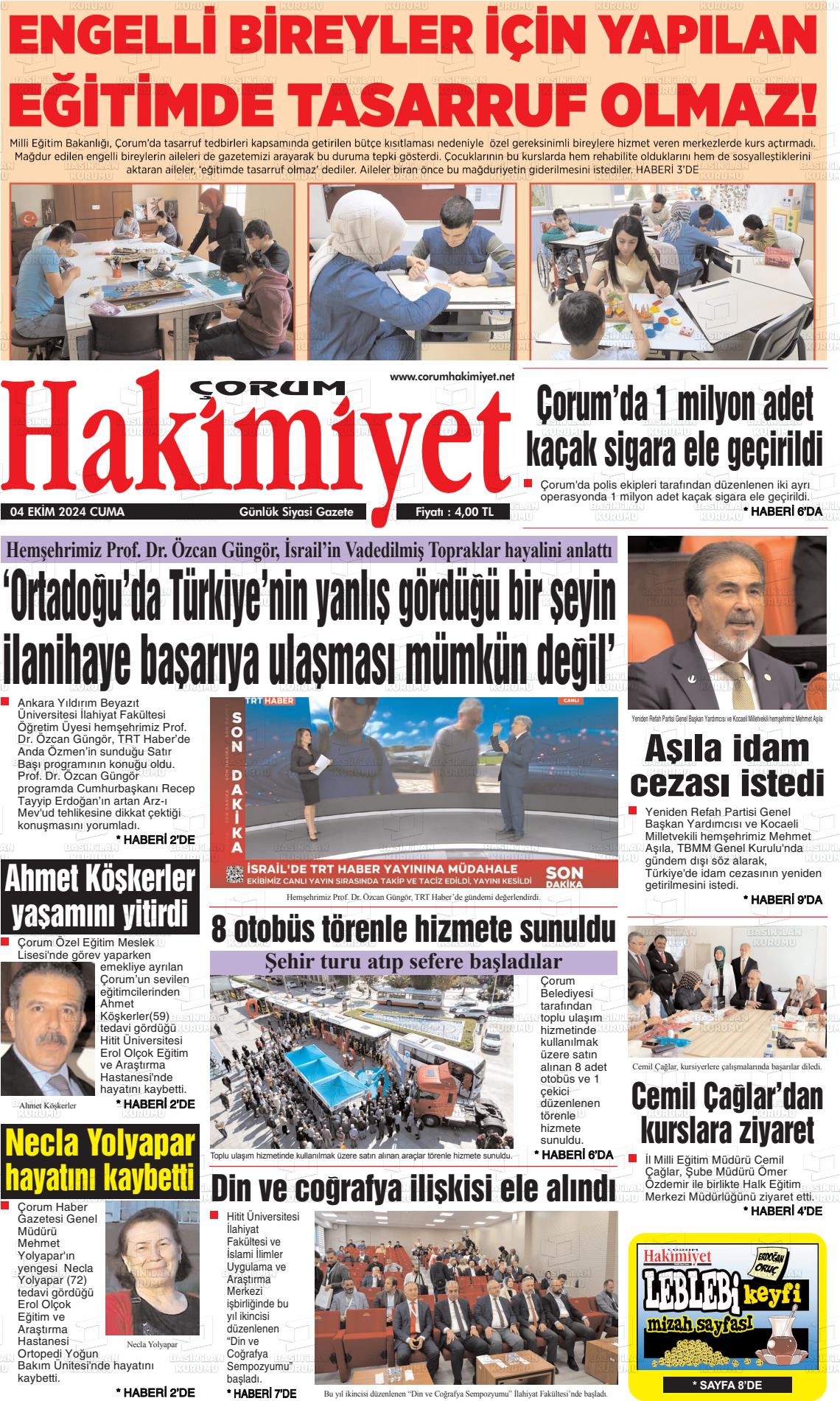 04 Ekim 2024 Çorum Hakimiyet Gazete Manşeti