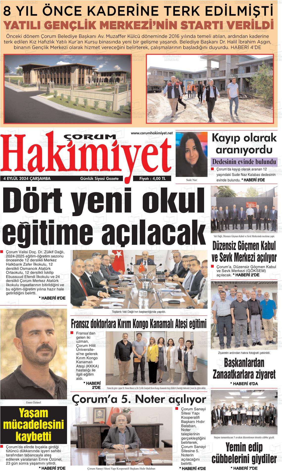 04 Eylül 2024 Çorum Hakimiyet Gazete Manşeti