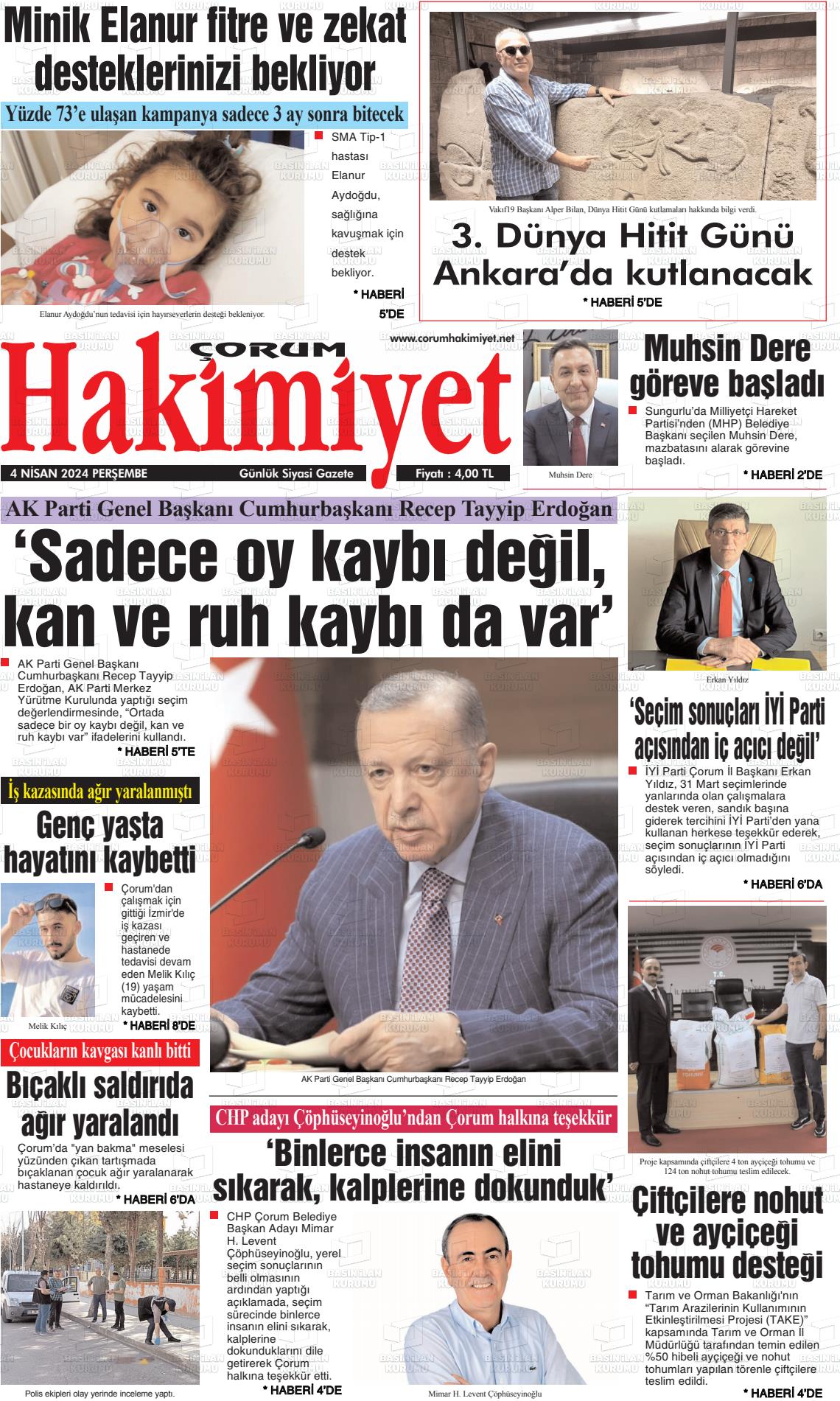 04 Nisan 2024 Çorum Hakimiyet Gazete Manşeti