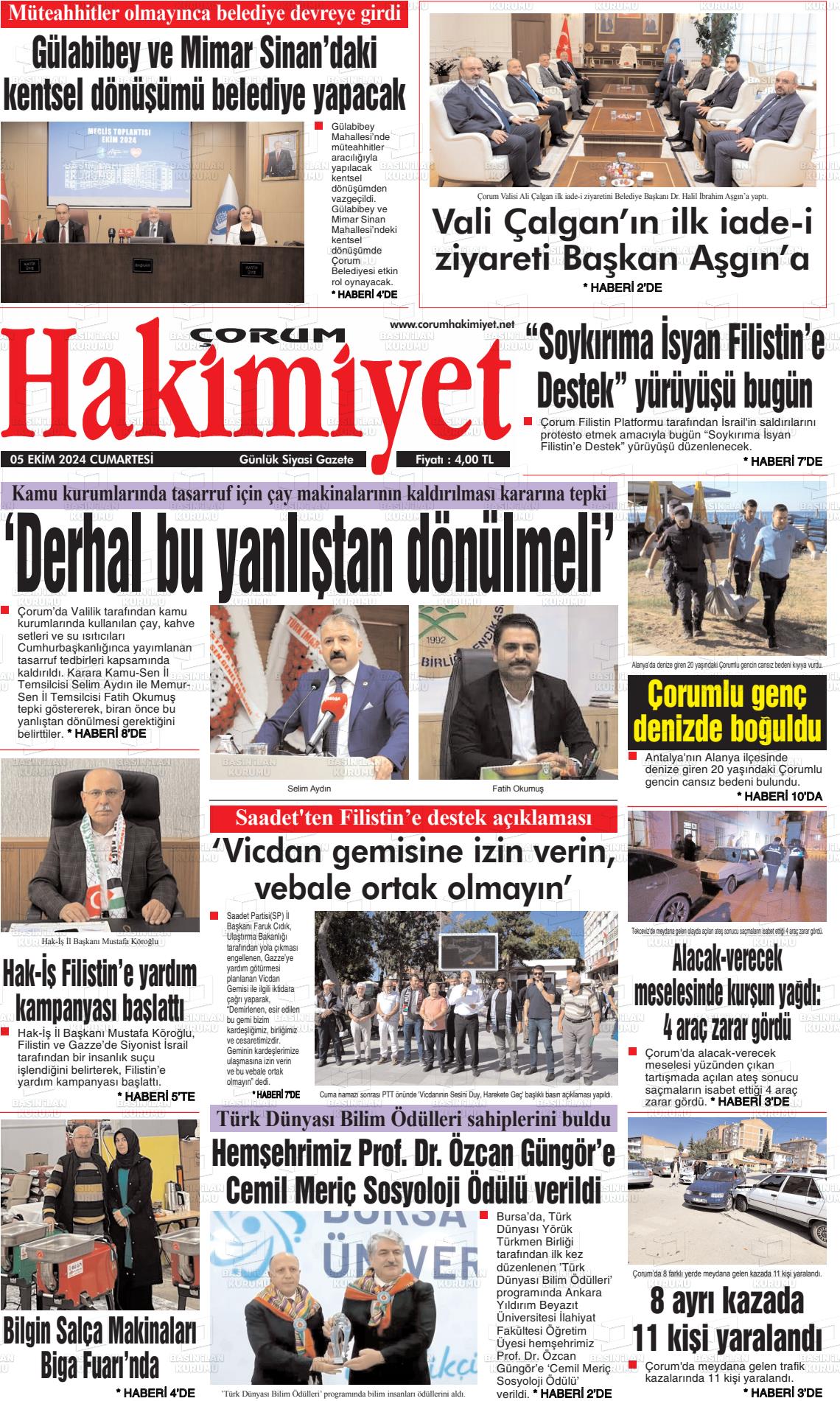 05 Ekim 2024 Çorum Hakimiyet Gazete Manşeti