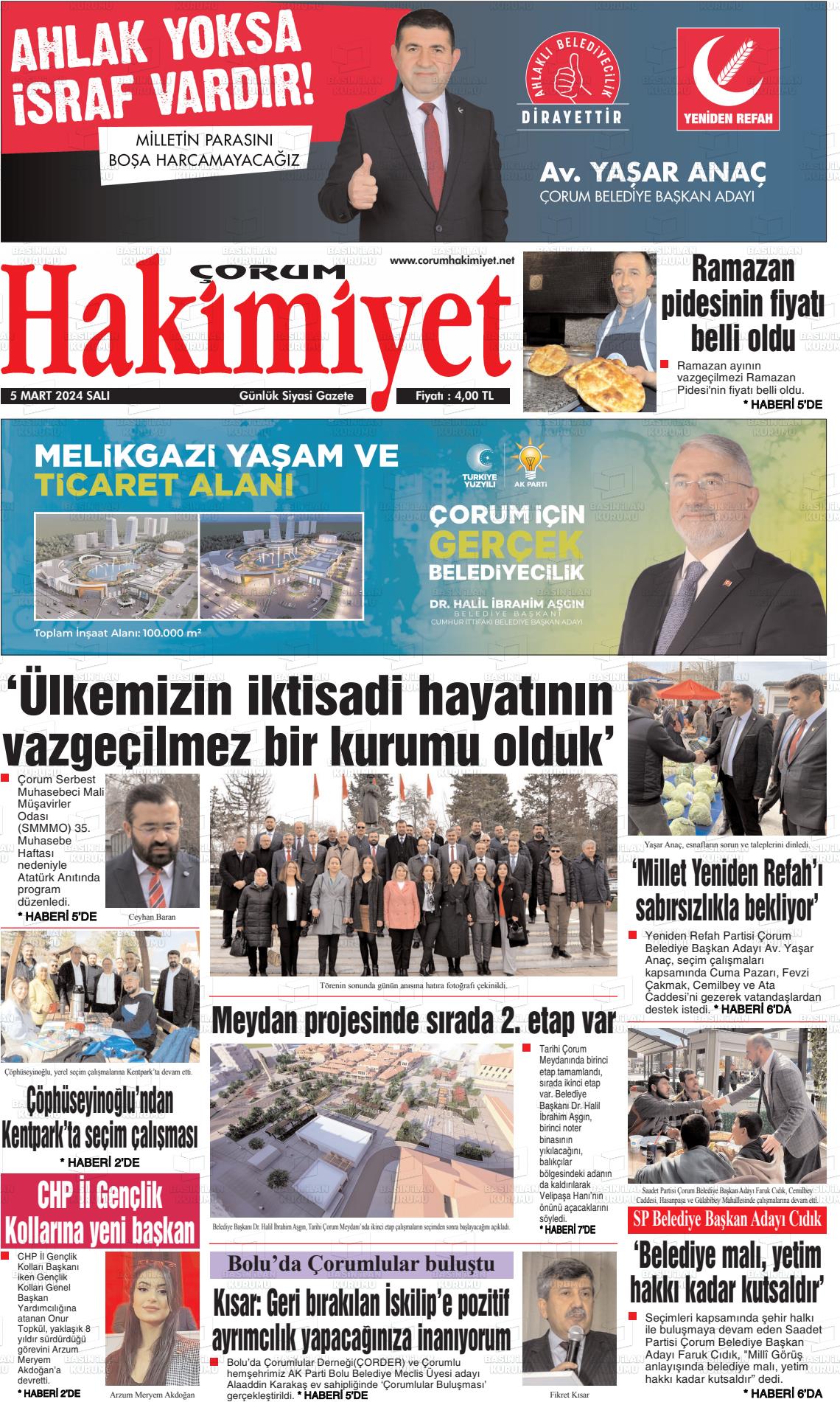 07 Mart 2024 Çorum Hakimiyet Gazete Manşeti