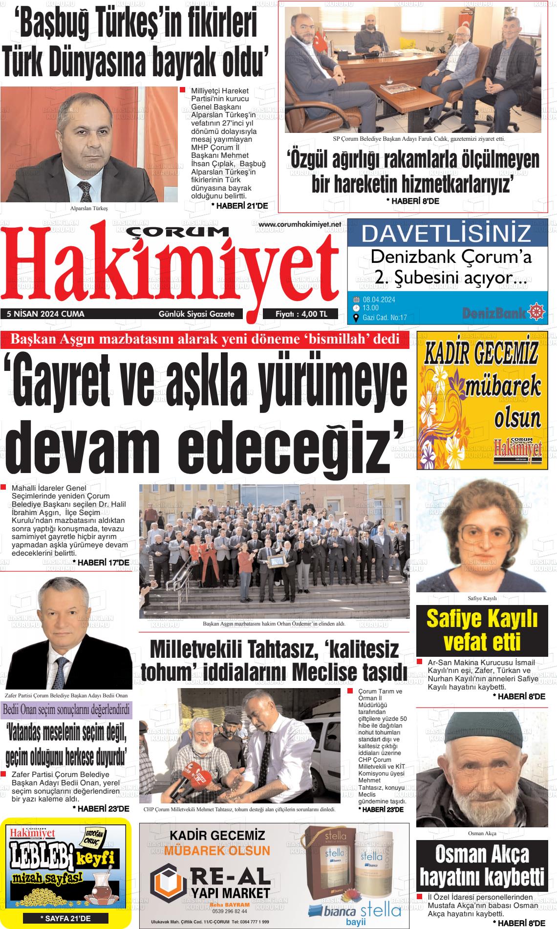 05 Nisan 2024 Çorum Hakimiyet Gazete Manşeti